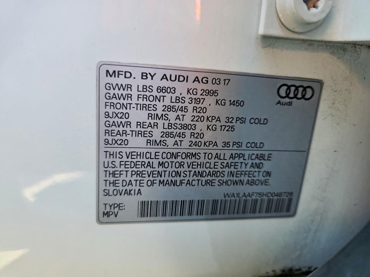 2017 Audi Q7 Premium Plus White vin: WA1LAAF75HD048726