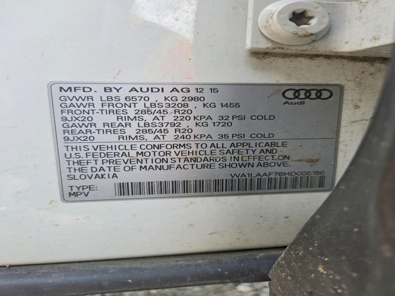2017 Audi Q7 White vin: WA1LAAF76HD005156