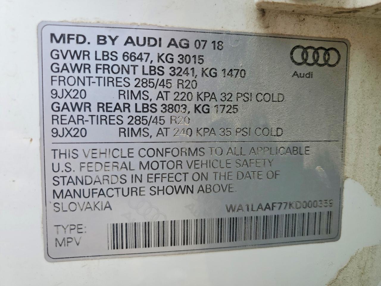 2019 Audi Q7 White vin: WA1LAAF77KD000359