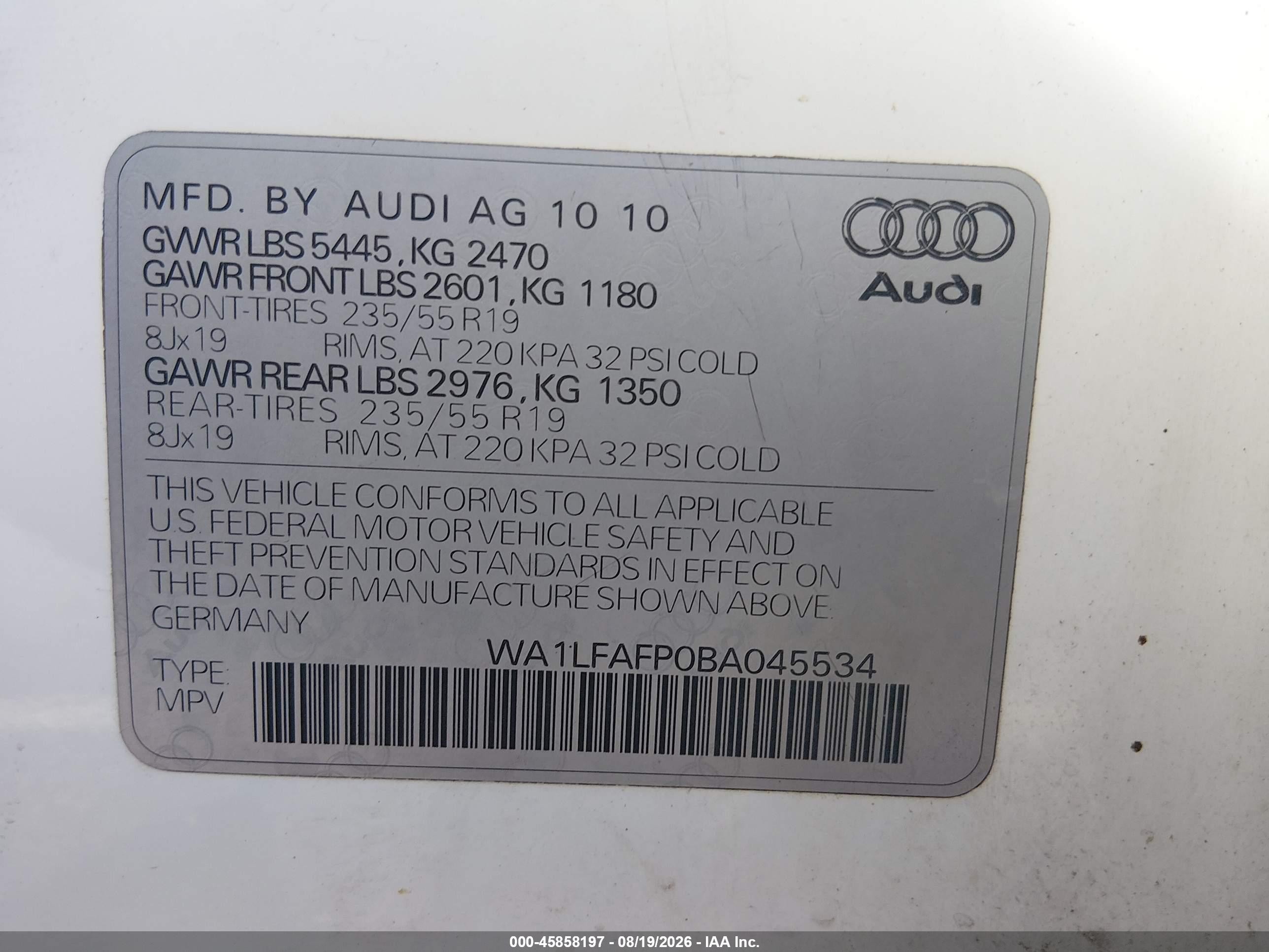 2011 Audi Q5 2.0t Premium White vin: WA1LFAFP0BA045534
