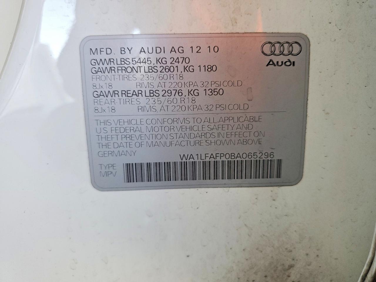 2011 Audi Q5 Premium Plus White vin: WA1LFAFP0BA065296