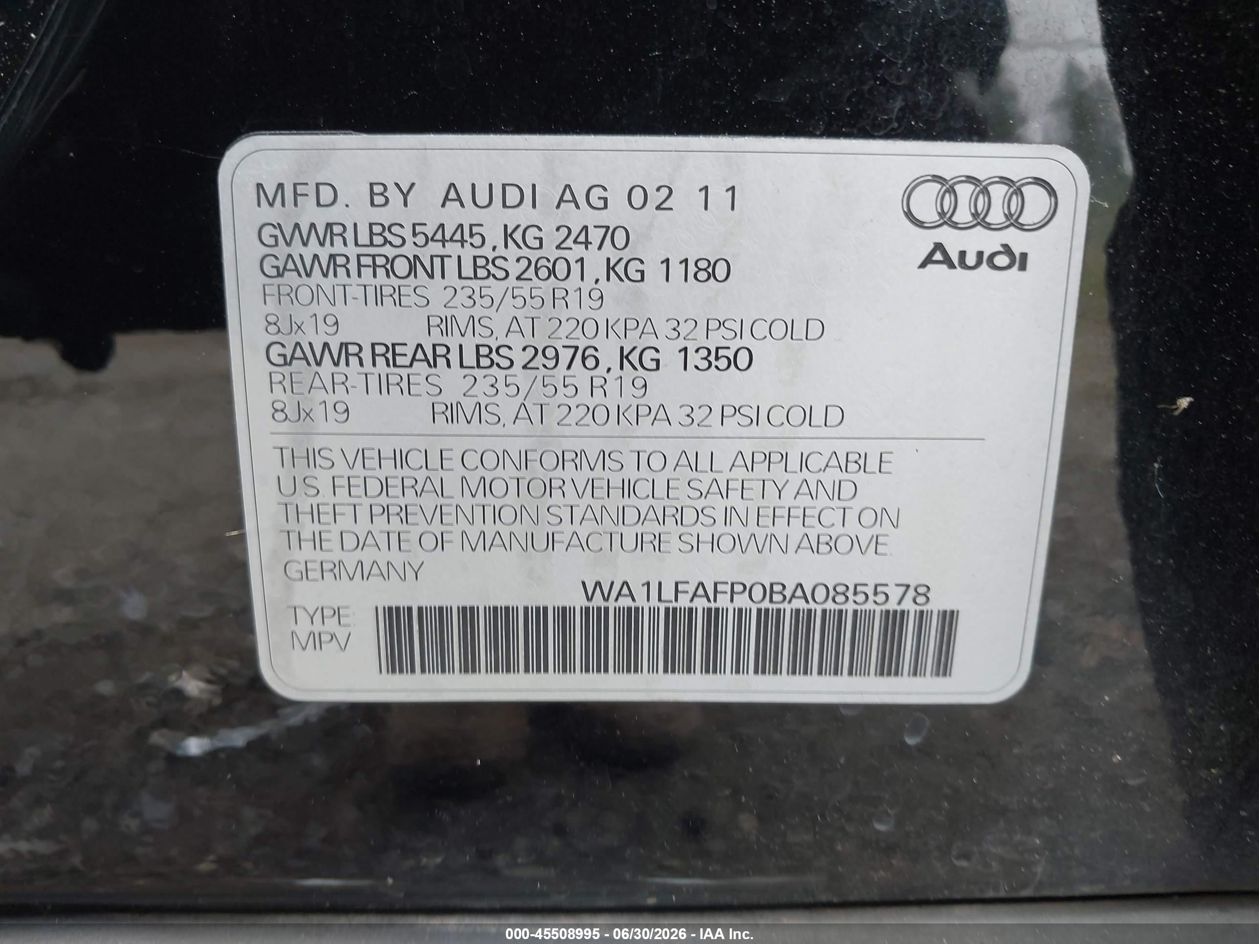 2011 Audi Q5 2.0t Premium Black vin: WA1LFAFP0BA085578