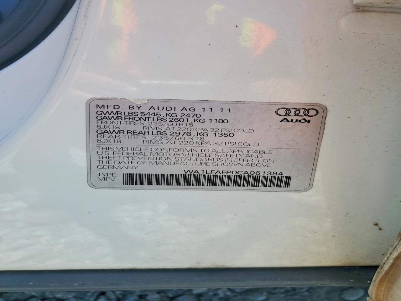2012 Audi Q5 Premium Plus White vin: WA1LFAFP0CA061394