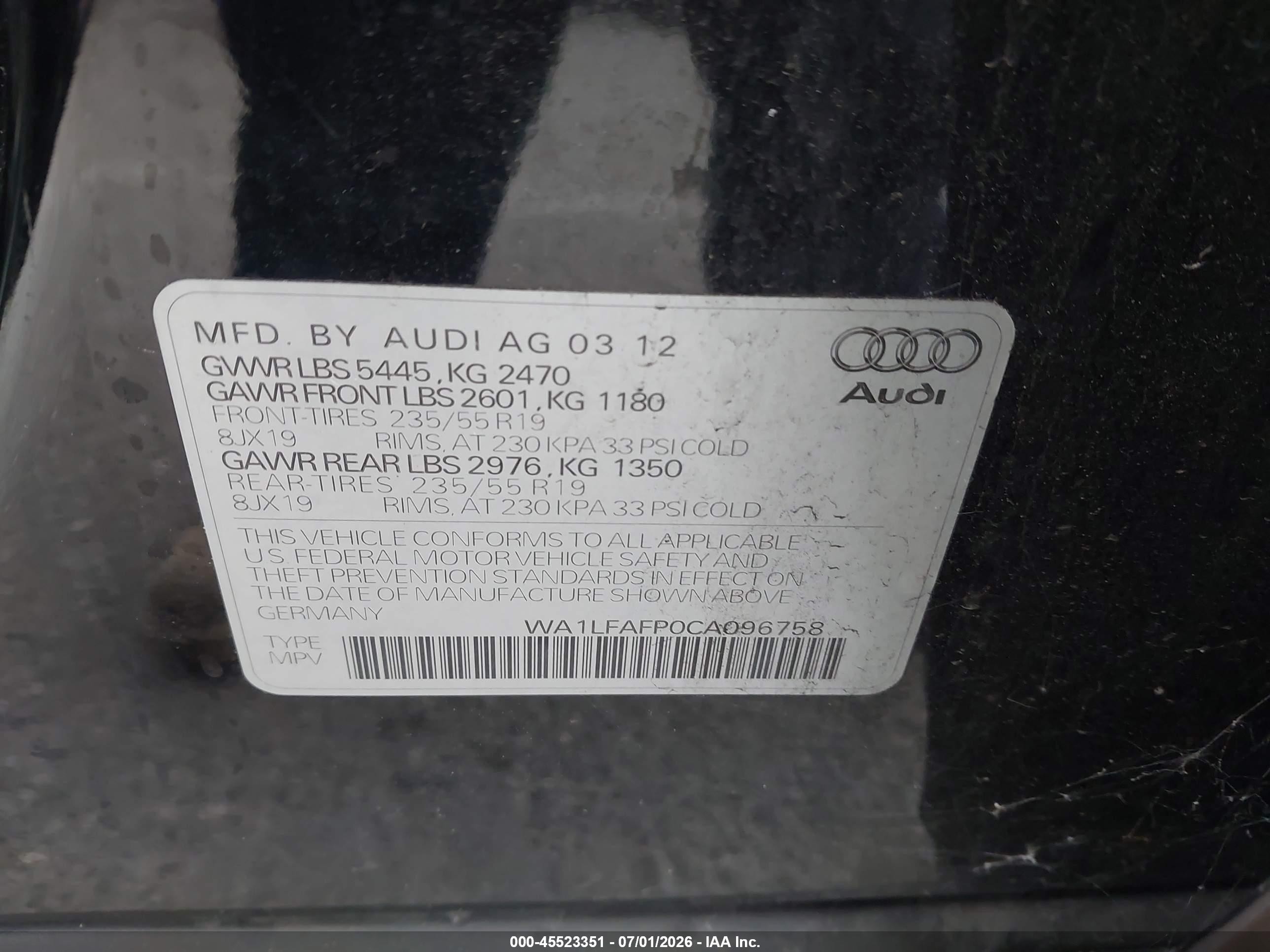 2012 Audi Q5 2.0t Premium Black vin: WA1LFAFP0CA096758