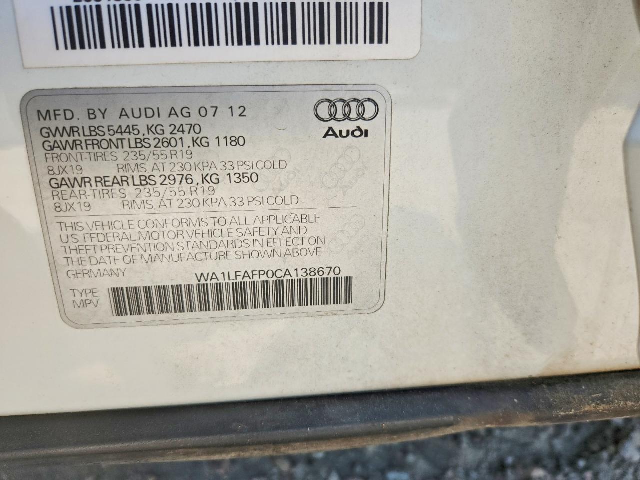 2012 Audi Q5 Premium Plus White vin: WA1LFAFP0CA138670