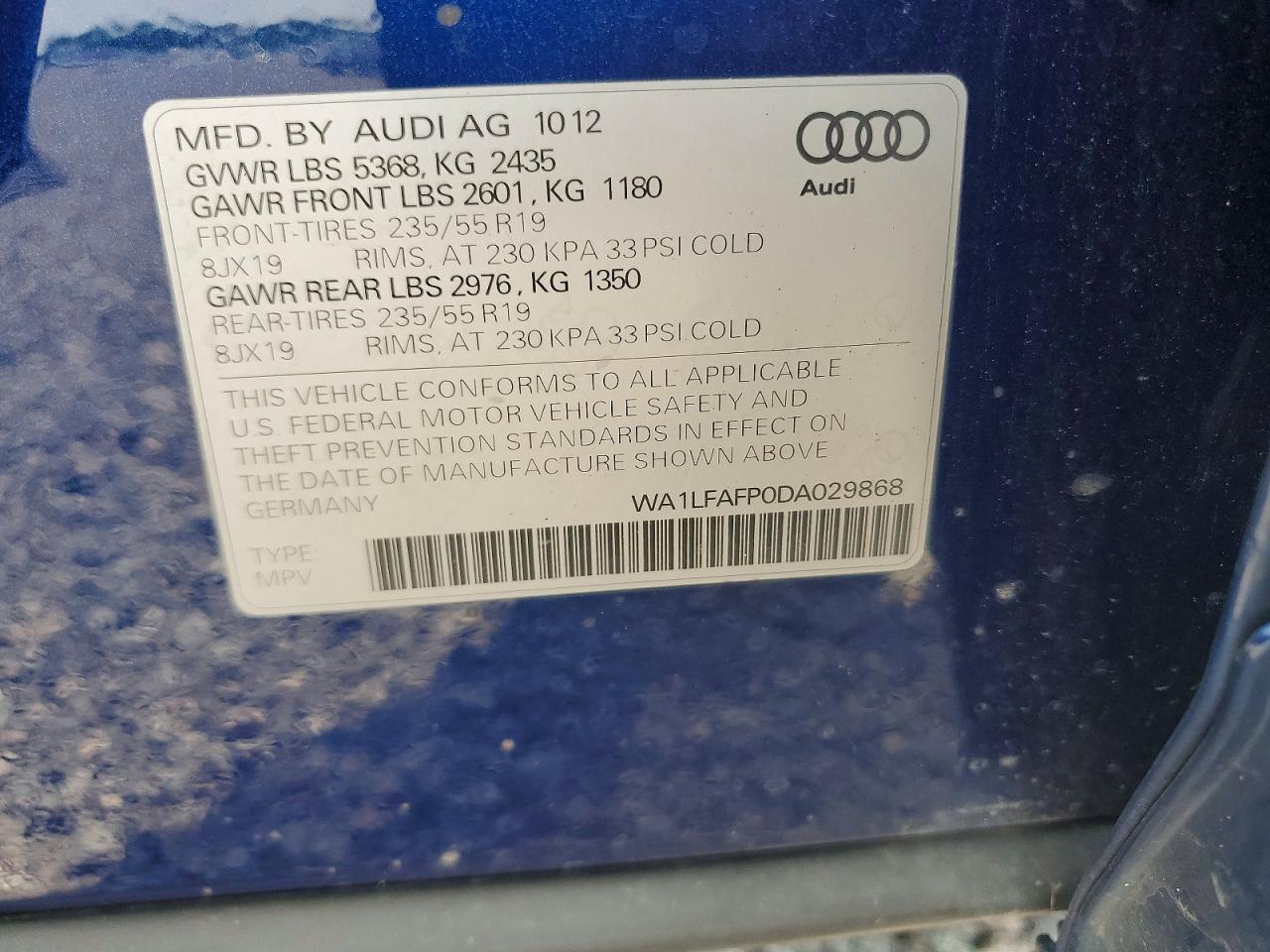 2013 Audi Q5 Blue vin: WA1LFAFP0DA029868