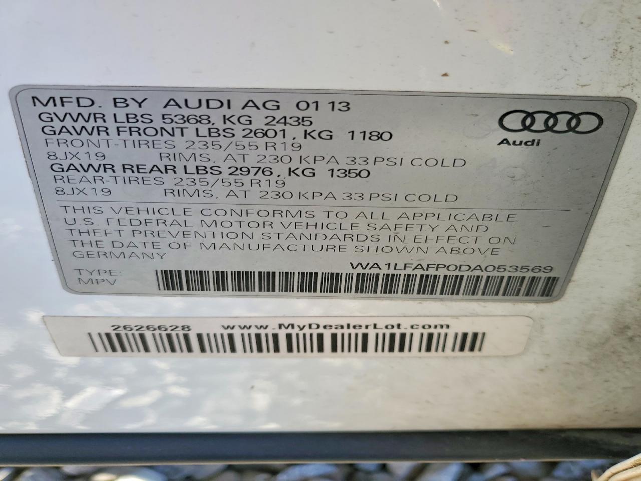 2013 Audi Q5 White vin: WA1LFAFP0DA053569