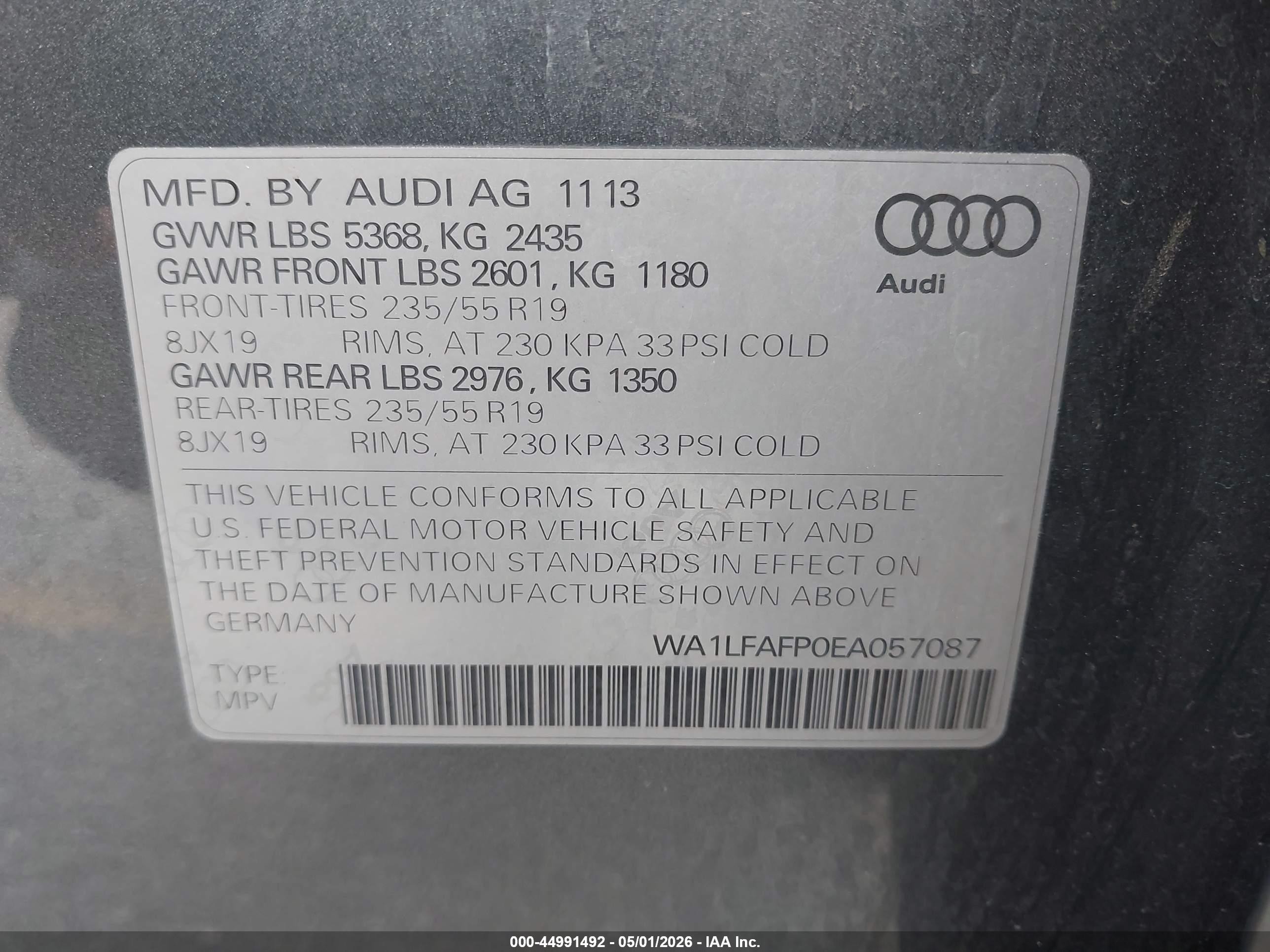 2014 Audi Q5 2.0t Premium Gray vin: WA1LFAFP0EA057087
