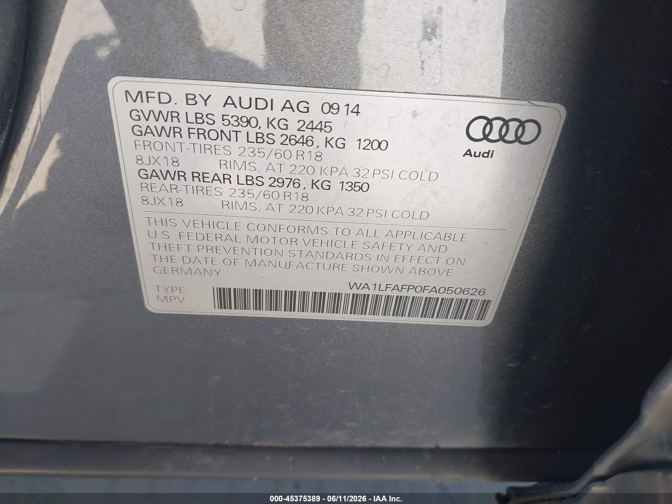 2015 Audi Q5 2.0t Premium Gray vin: WA1LFAFP0FA050626