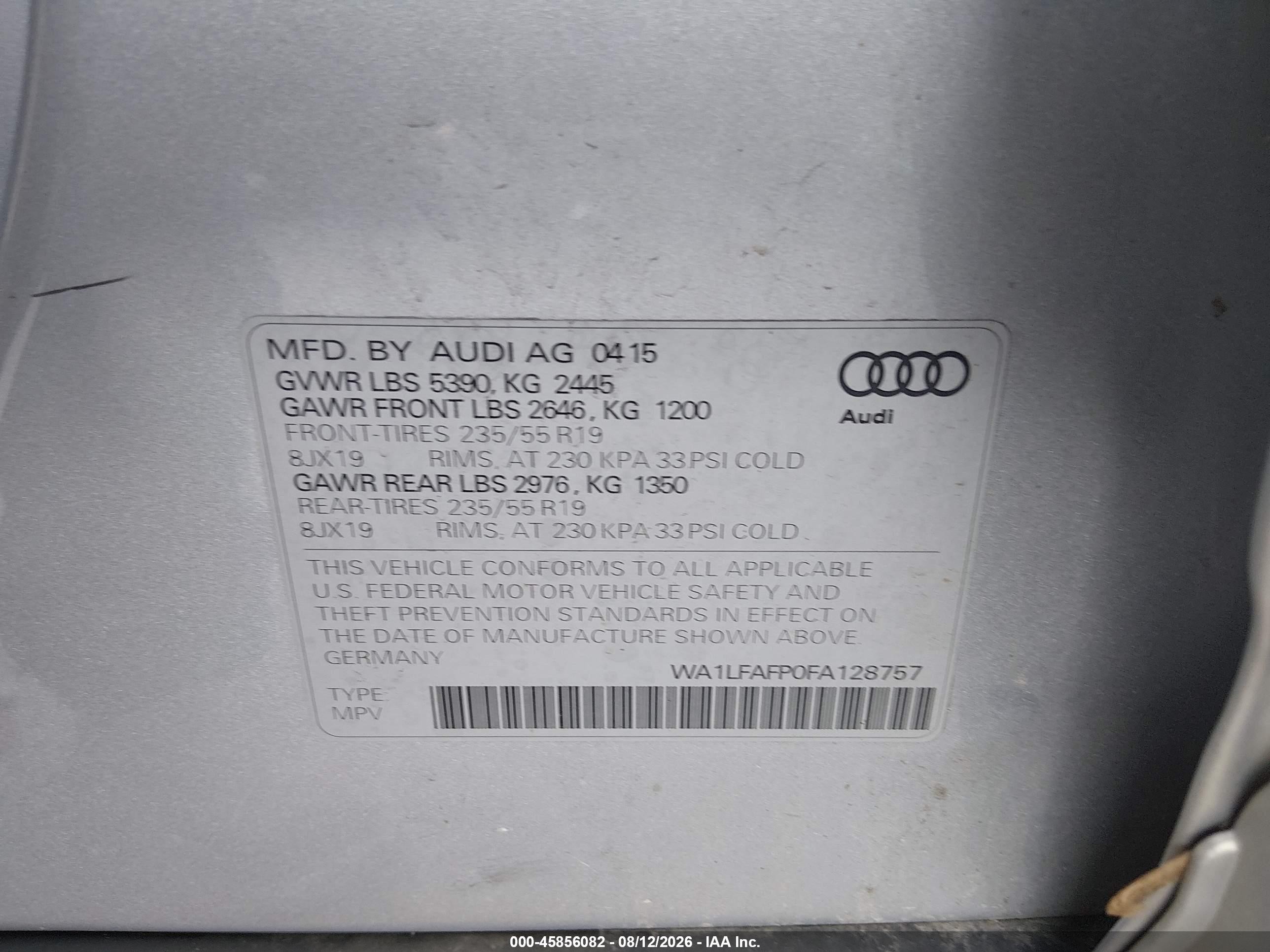 2015 Audi Q5 2.0t Premium Silver vin: WA1LFAFP0FA128757