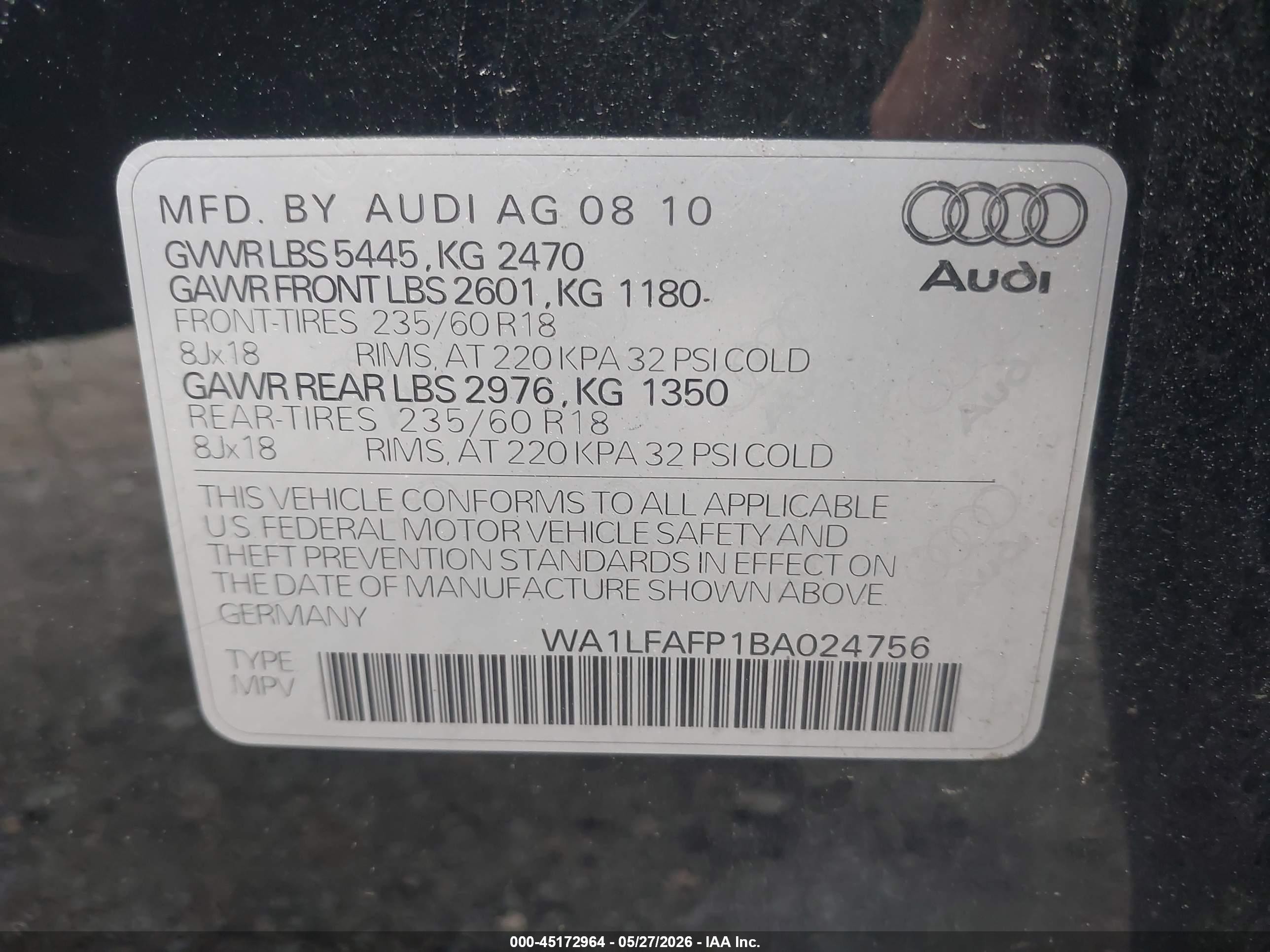 2011 Audi Q5 2.0t Premium Black vin: WA1LFAFP1BA024756