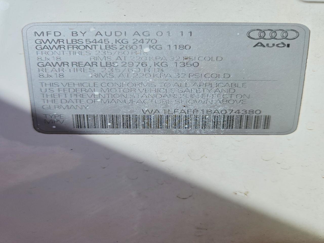 2011 Audi Q5 Premium Plus White vin: WA1LFAFP1BA074380