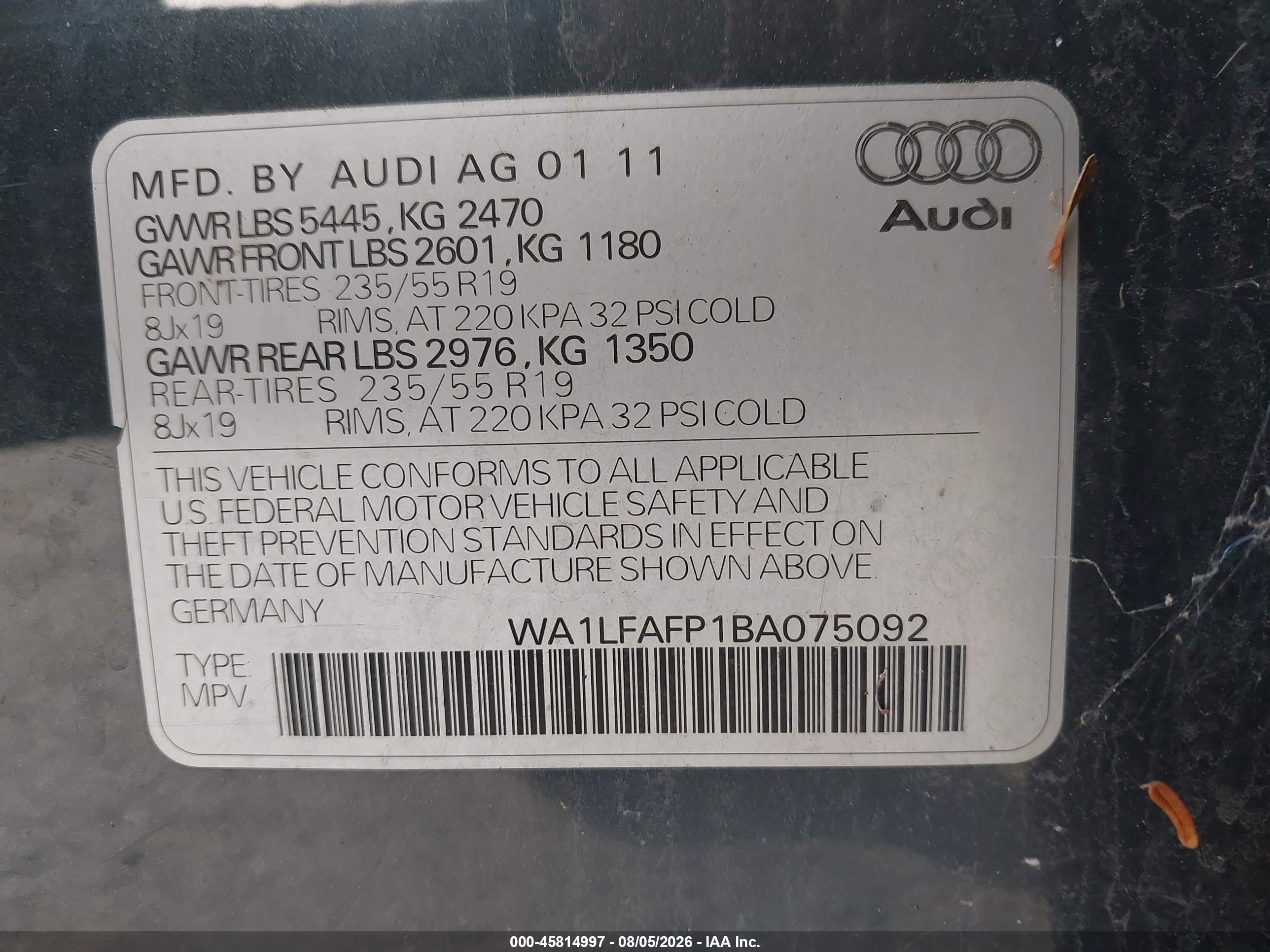 2011 Audi Q5 2.0t Premium Blue vin: WA1LFAFP1BA075092