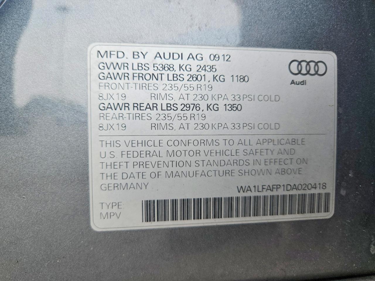 2013 Audi Q5 Premium Plus Gray vin: WA1LFAFP1DA020418