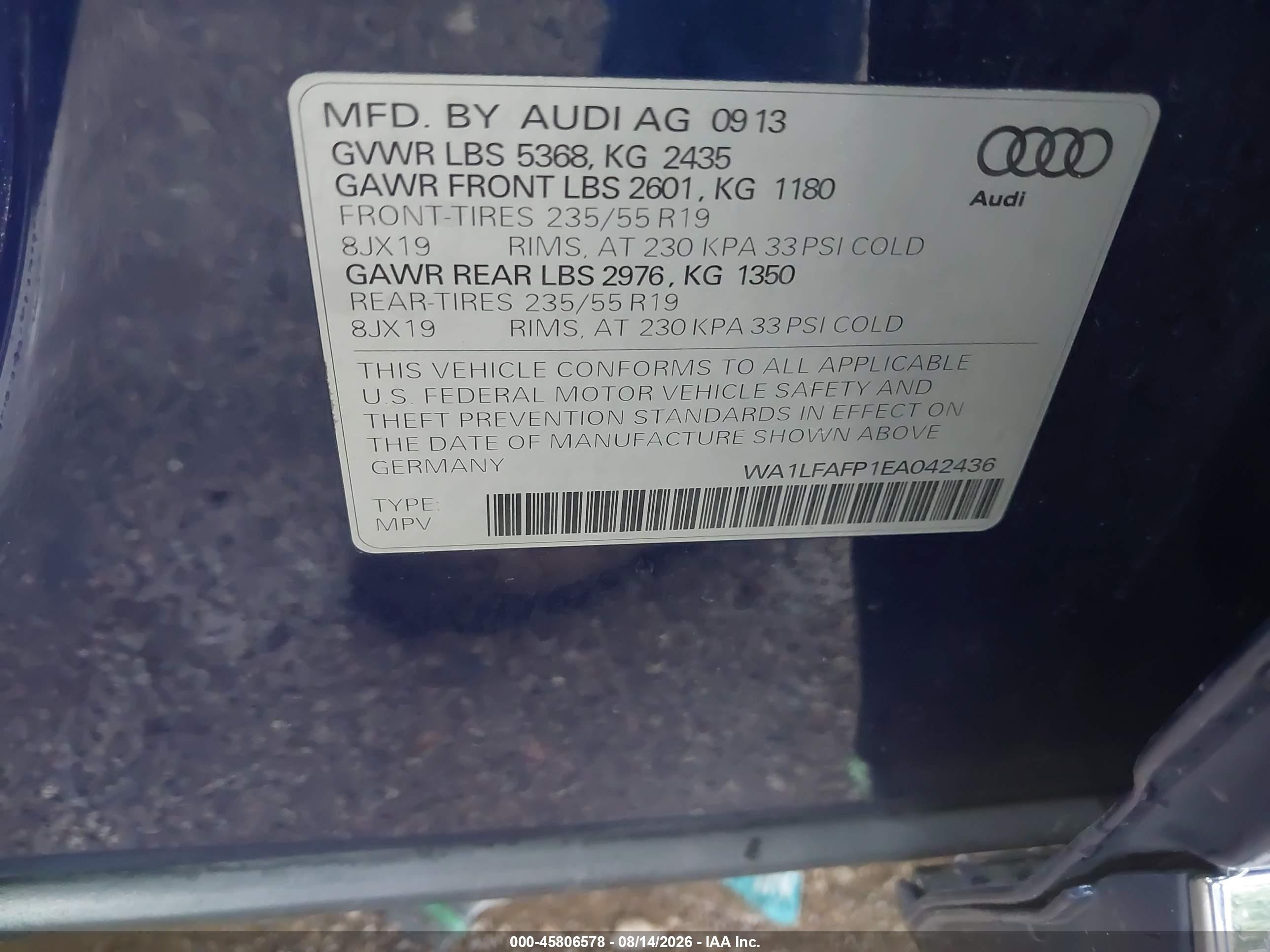 2014 Audi Q5 2.0t Premium Синий vin: WA1LFAFP1EA042436