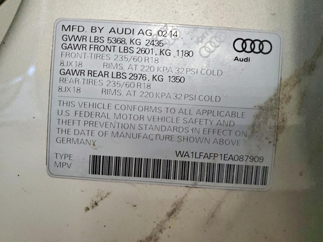 2014 Audi Q5 Premium Plus Серый vin: WA1LFAFP1EA087909