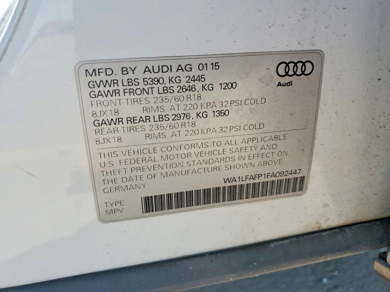 2015 Audi Q5 Premium Plus White vin: WA1LFAFP1FA092447