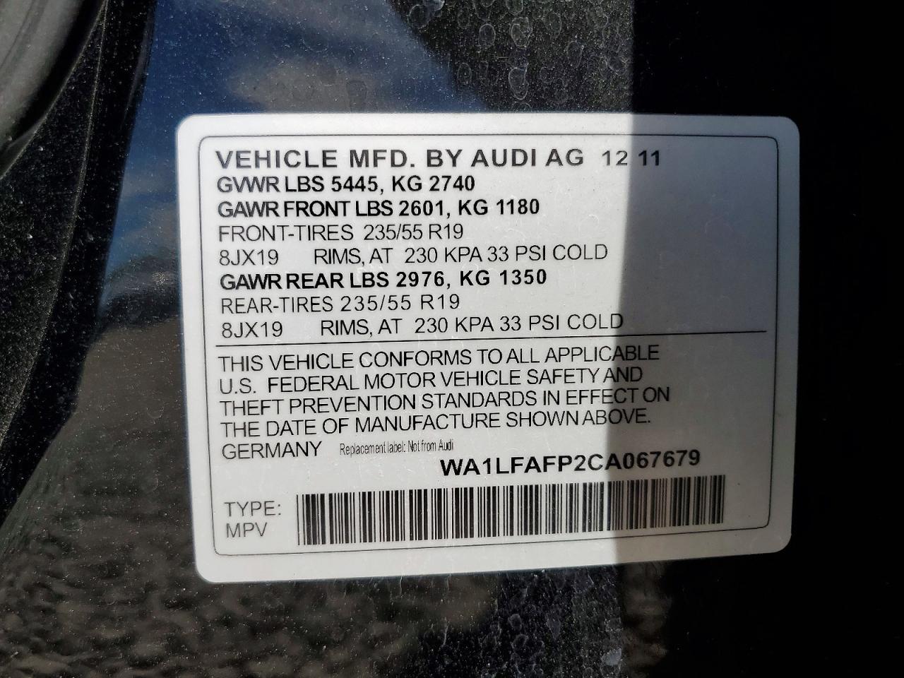 2012 Audi Q5 Premium Plus Charcoal vin: WA1LFAFP2CA067679