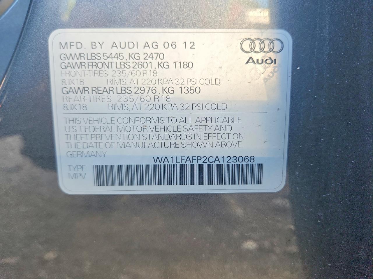 2012 Audi Q5 Premium Plus Charcoal vin: WA1LFAFP2CA123068