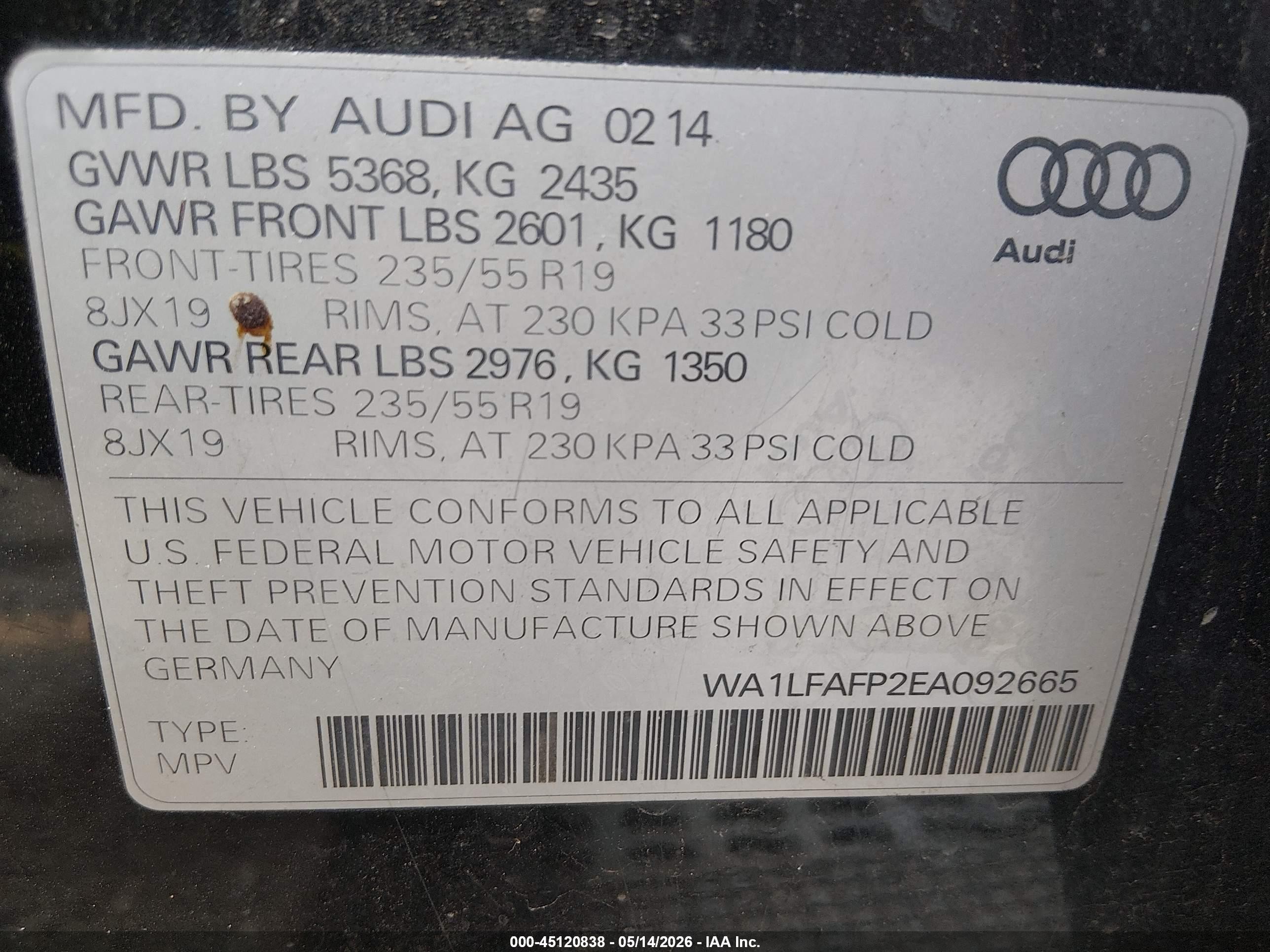 2014 Audi Q5 2.0t Premium Black vin: WA1LFAFP2EA092665