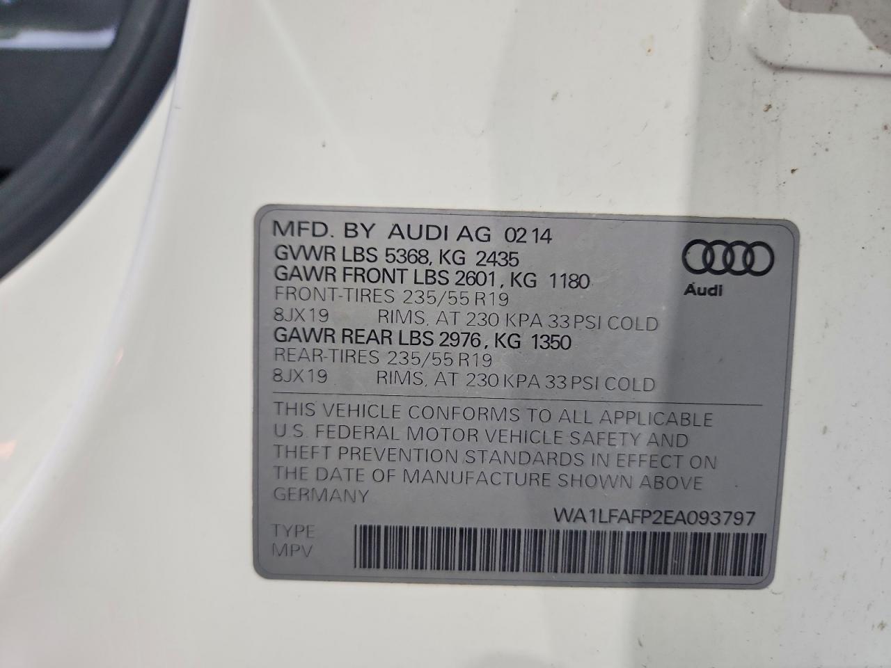 2014 Audi Q5 Premium Plus White vin: WA1LFAFP2EA093797