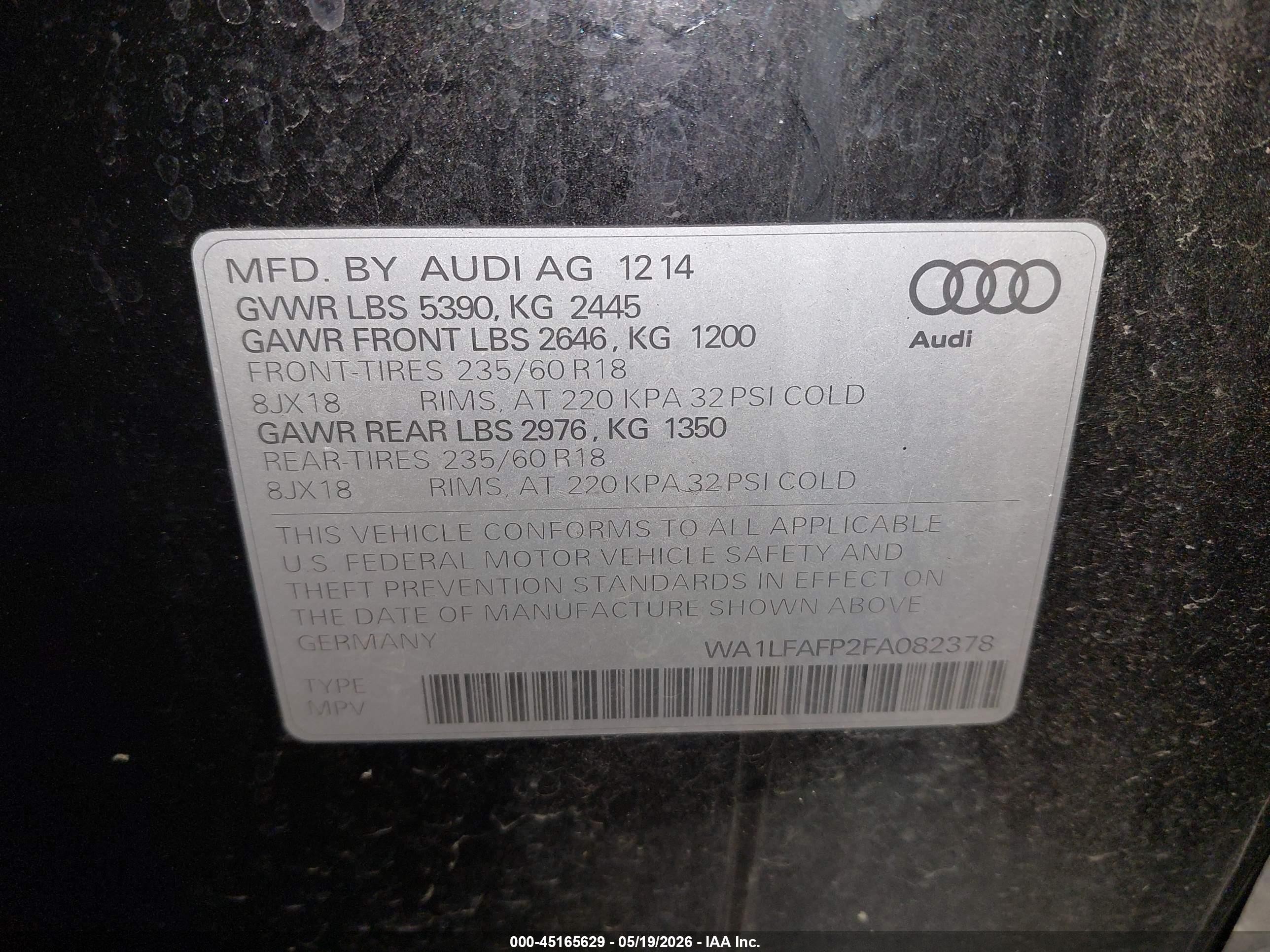 2015 Audi Q5 2.0t Premium Черный vin: WA1LFAFP2FA082378