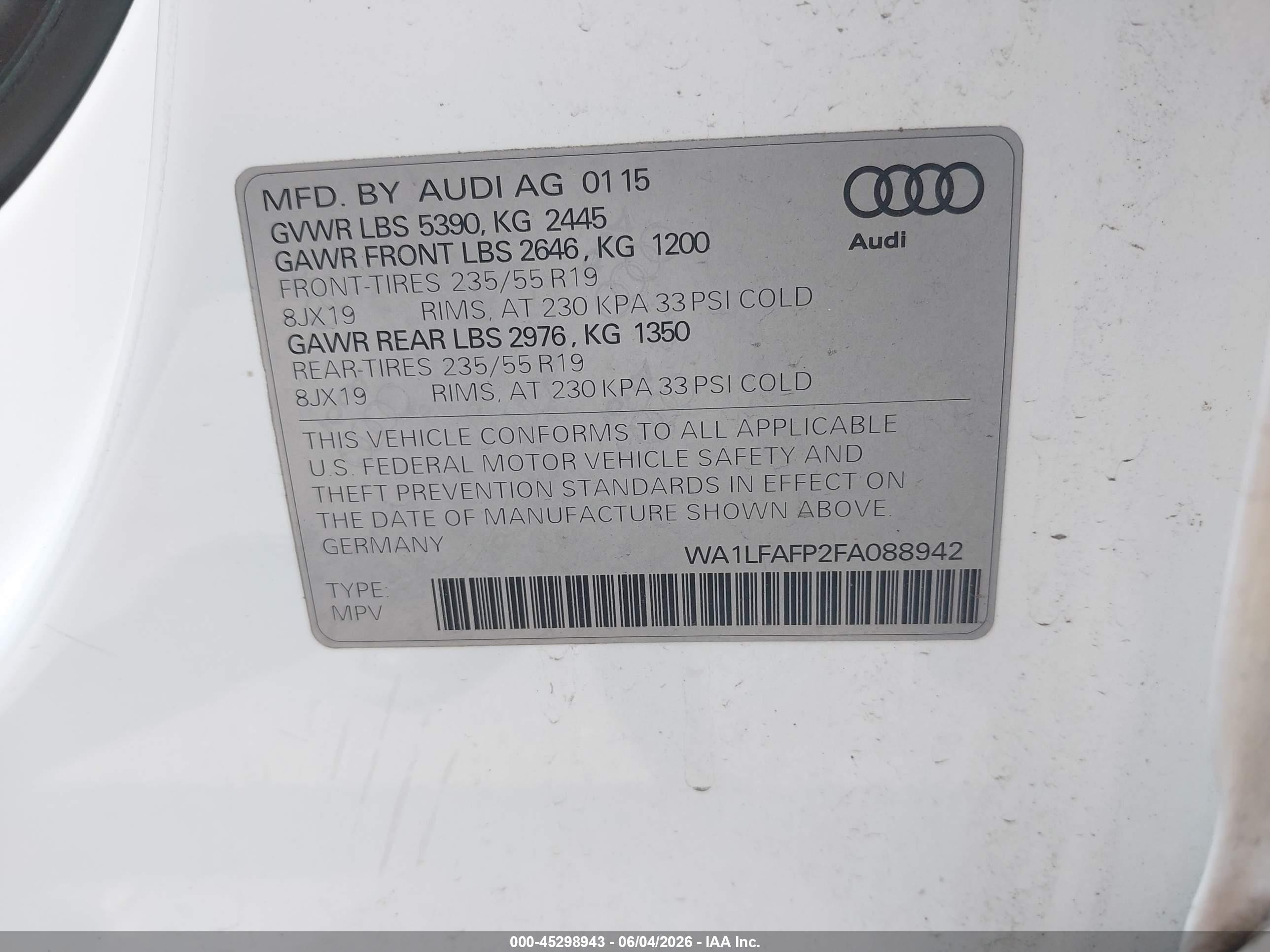 2015 Audi Q5 2.0t Premium White vin: WA1LFAFP2FA088942