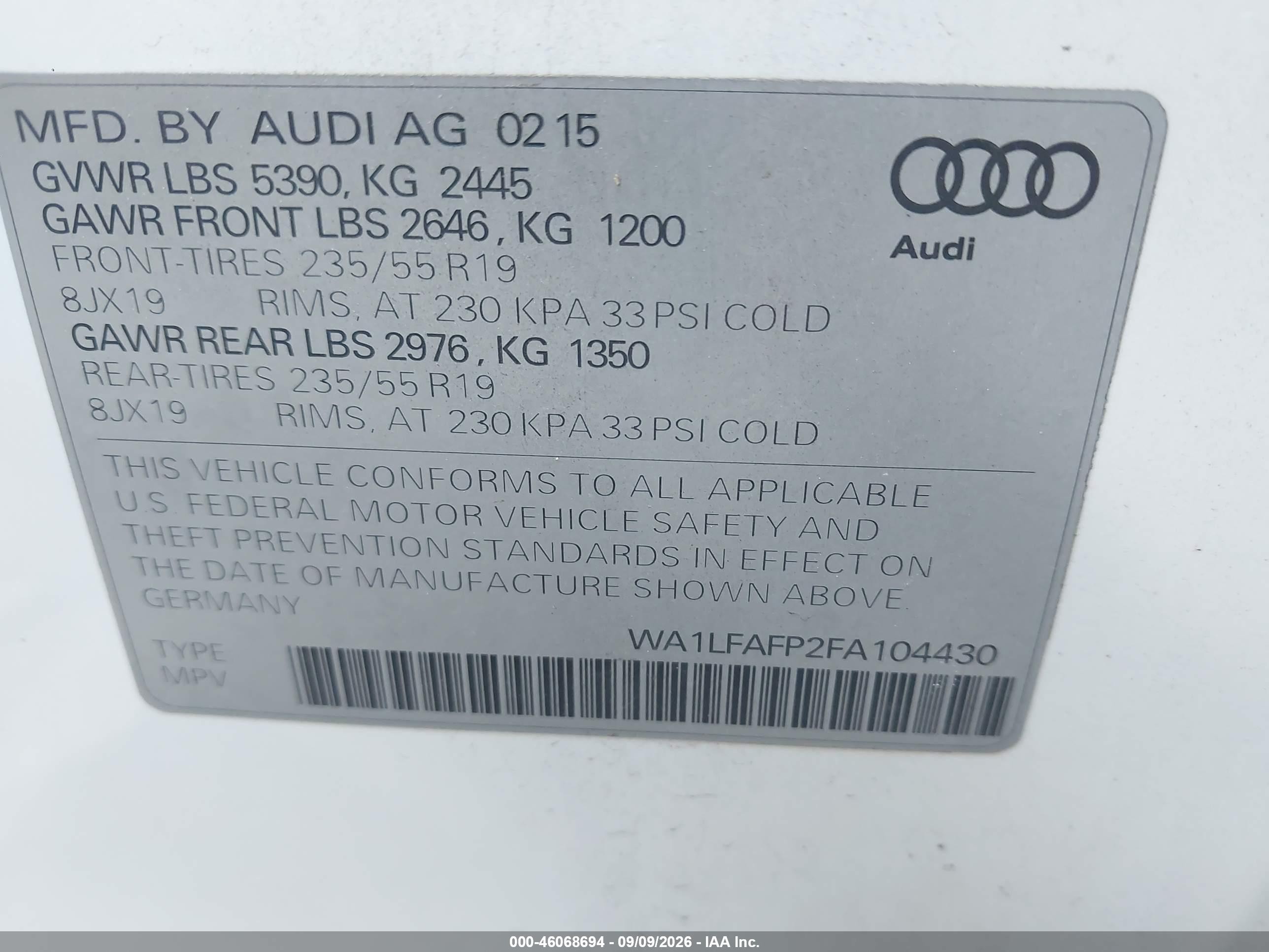 2015 Audi Q5 2.0t Premium White vin: WA1LFAFP2FA104430