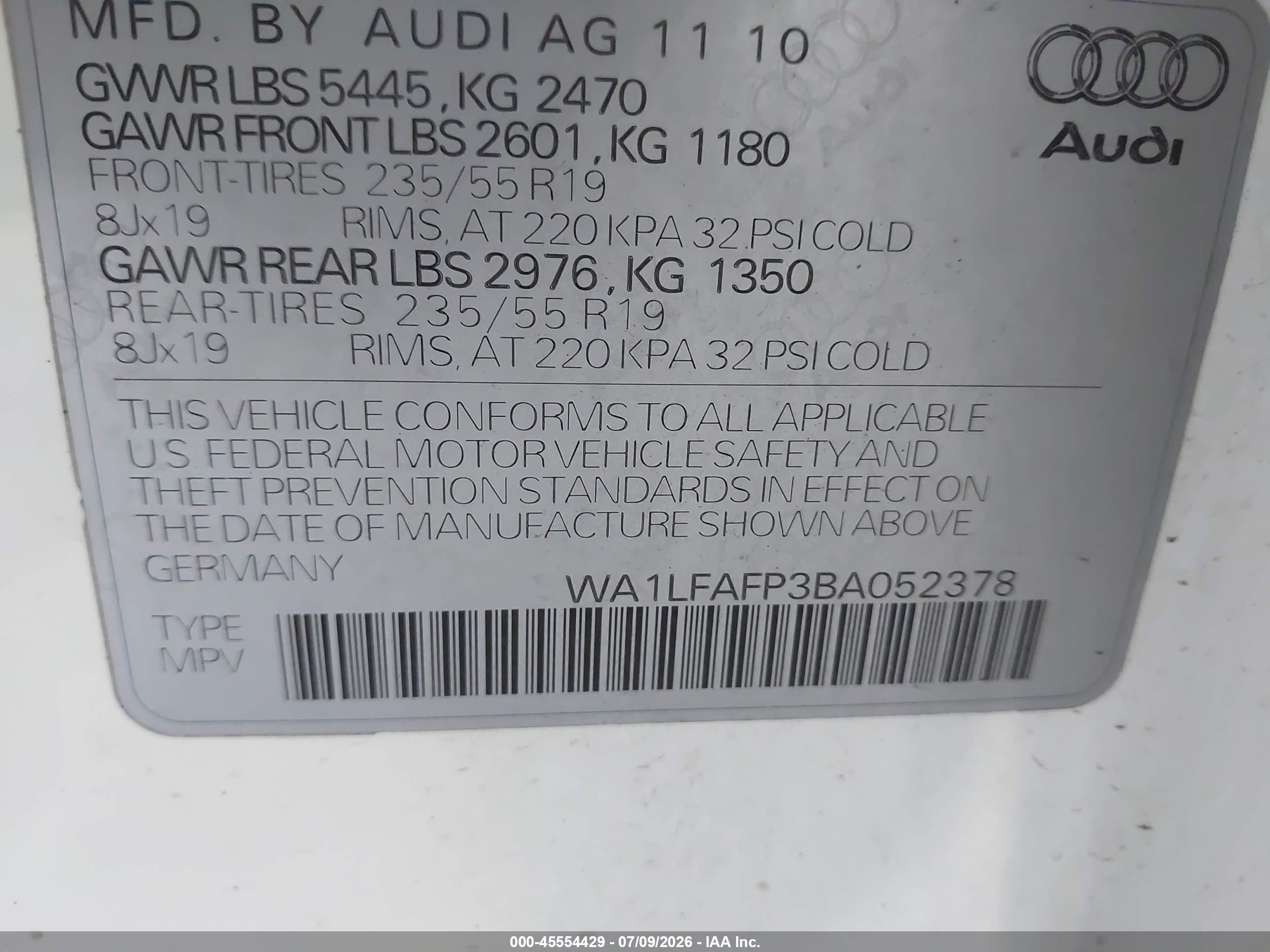 2011 Audi Q5 2.0t Premium White vin: WA1LFAFP3BA052378