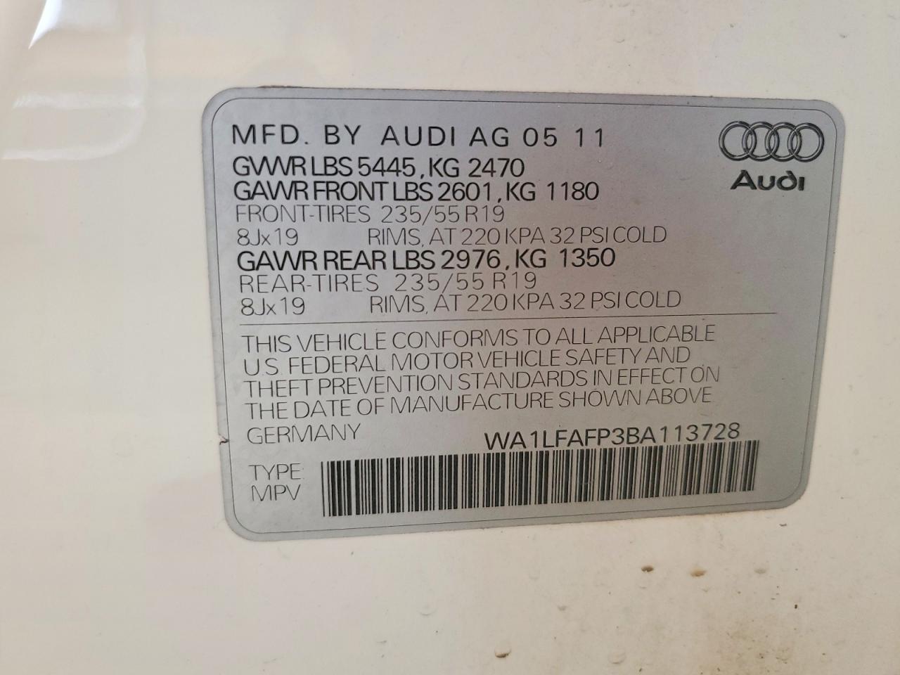 2011 Audi Q5 Premium Plus White vin: WA1LFAFP3BA113728