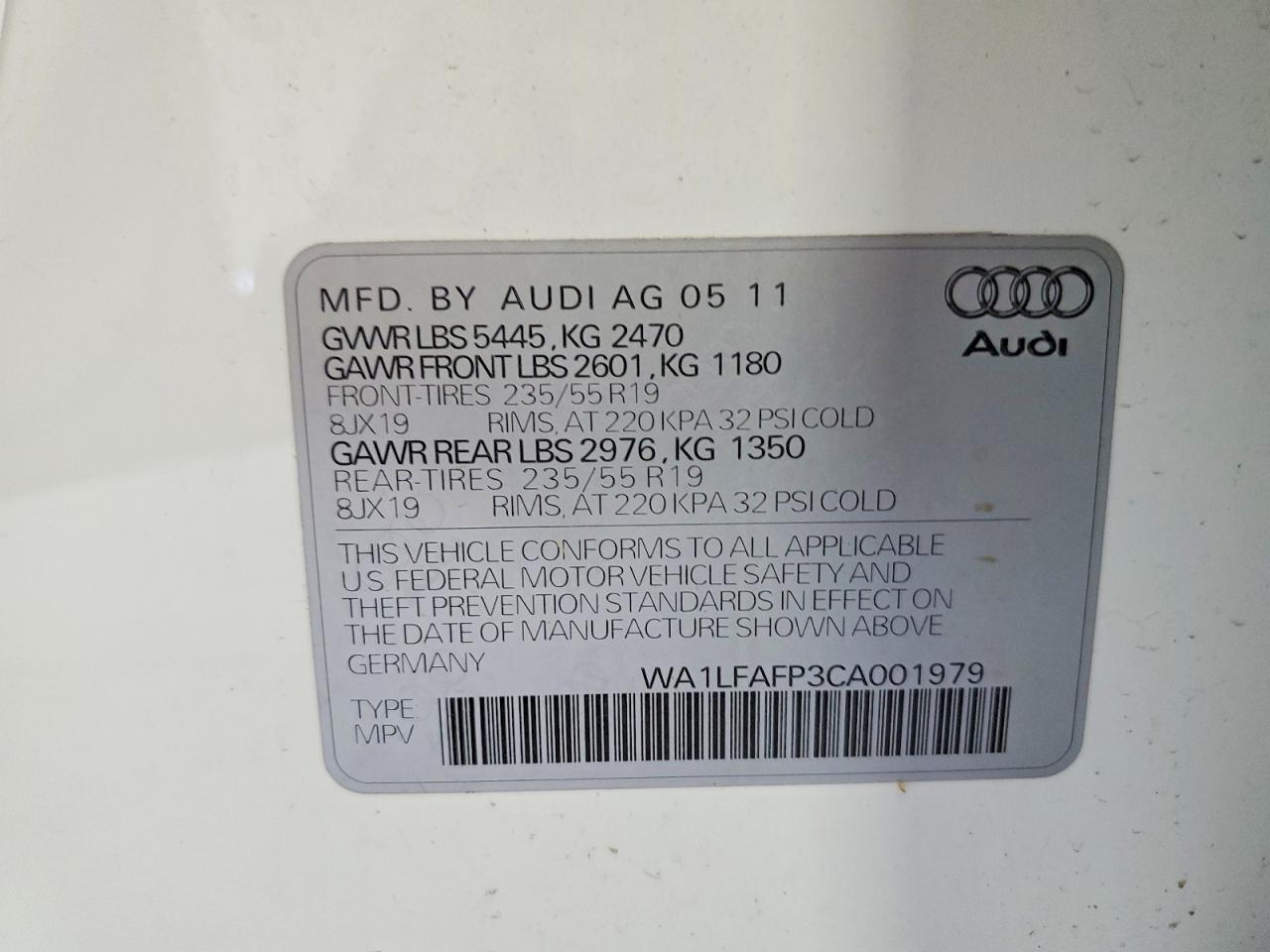 2012 Audi Q5 Premium Plus White vin: WA1LFAFP3CA001979