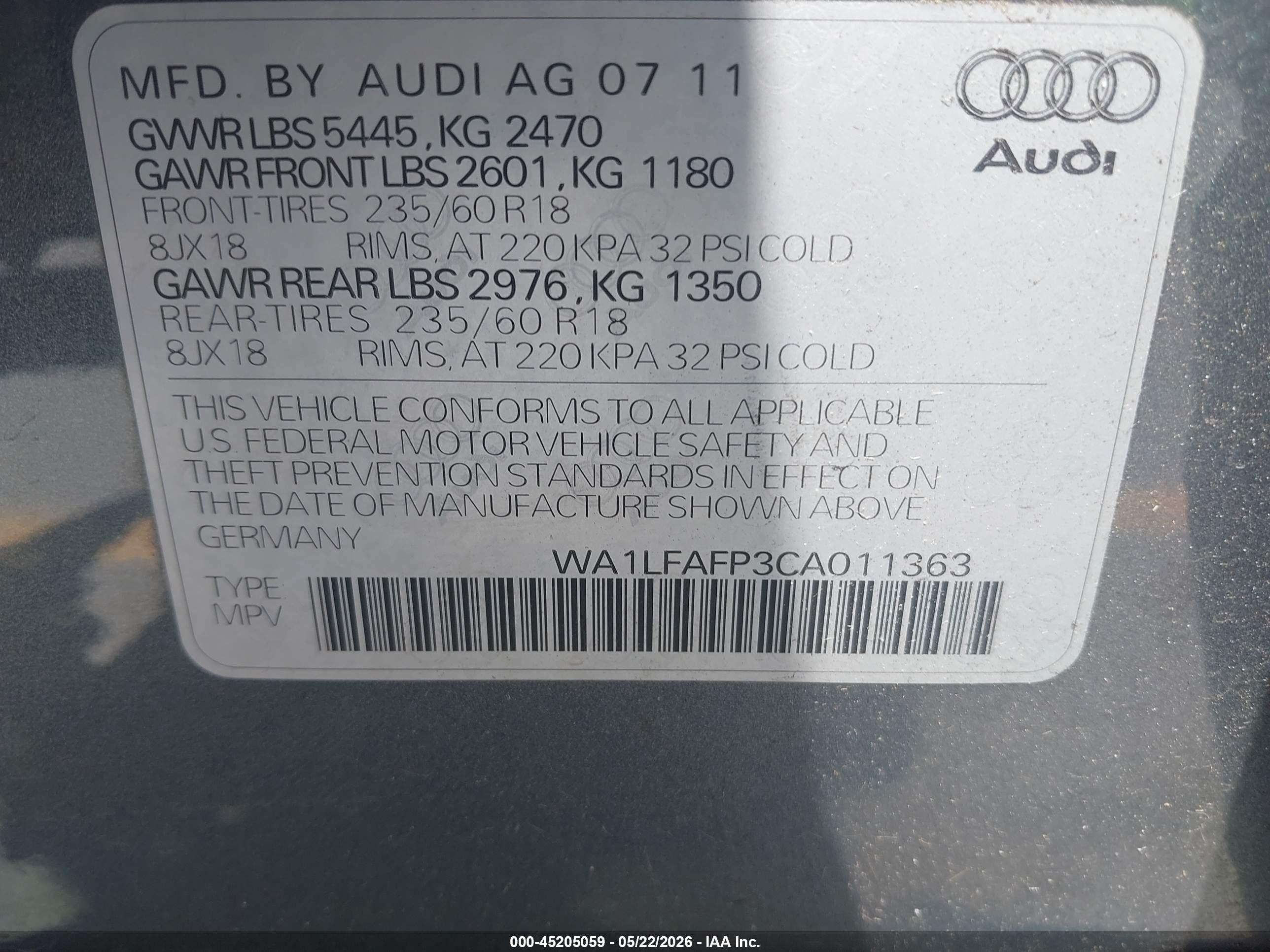 2012 Audi Q5 2.0t Premium Blue vin: WA1LFAFP3CA011363