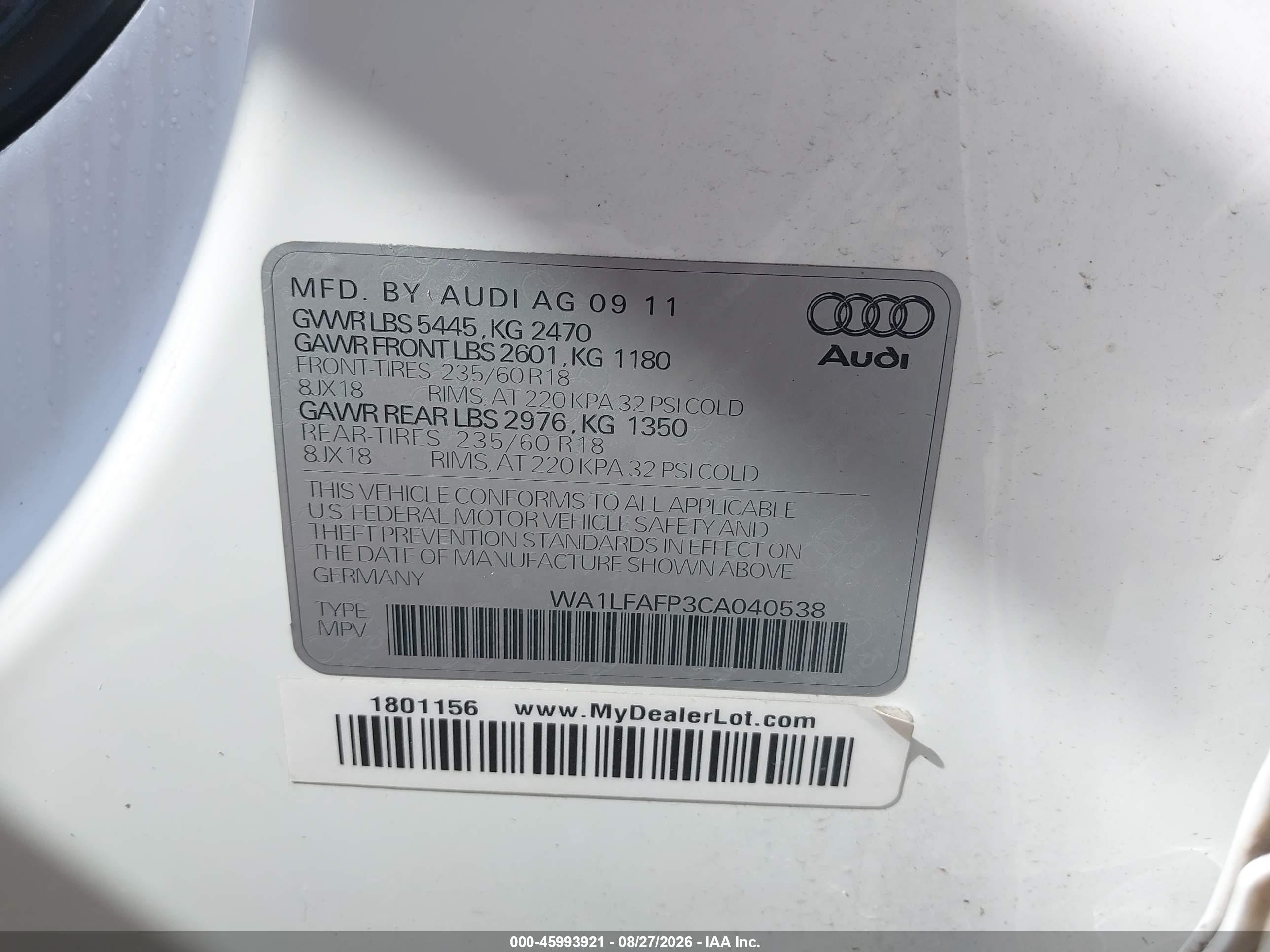 2012 Audi Q5 2.0t Premium Белый vin: WA1LFAFP3CA040538