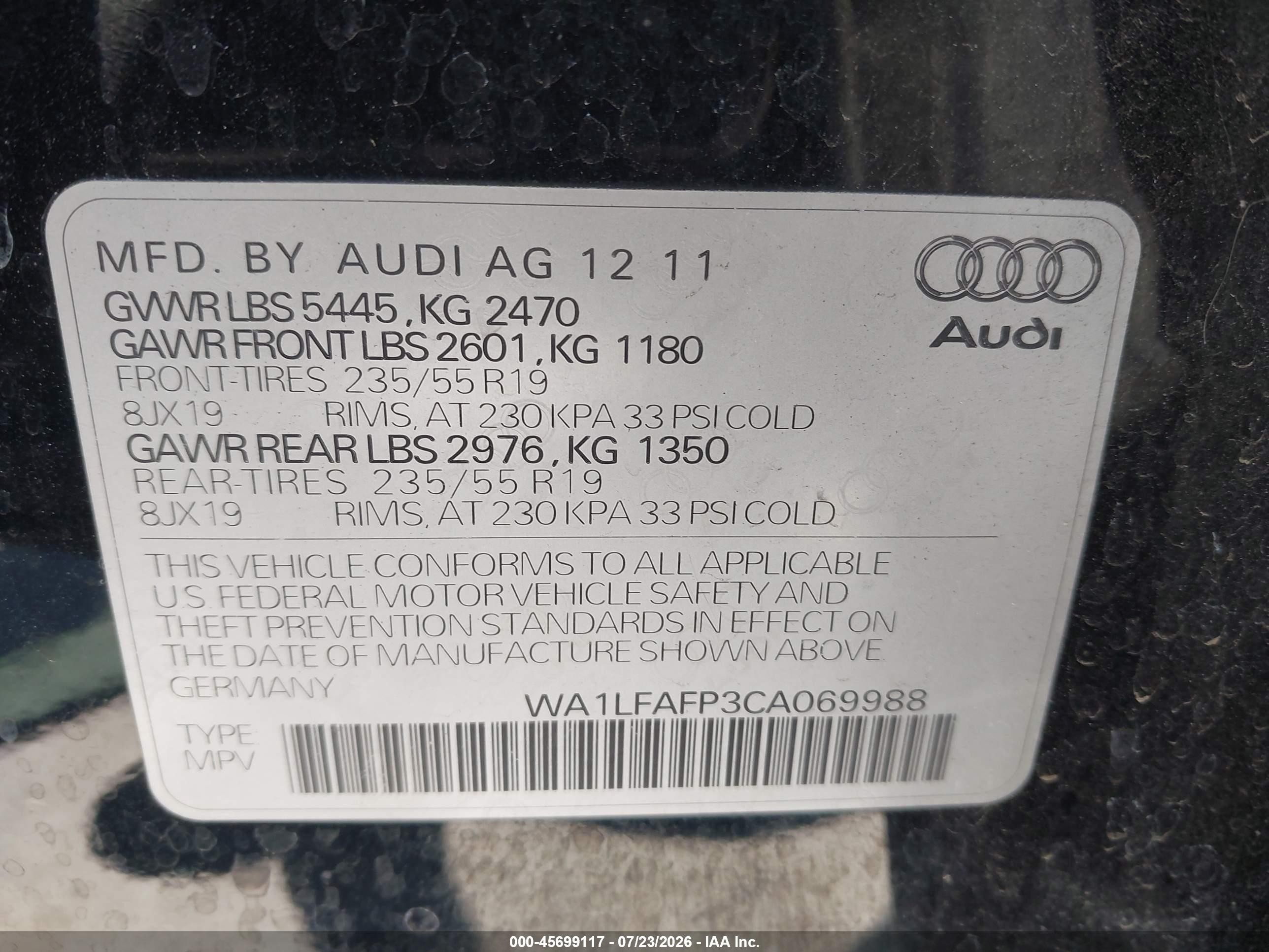 2012 Audi Q5 2.0t Premium Black vin: WA1LFAFP3CA069988