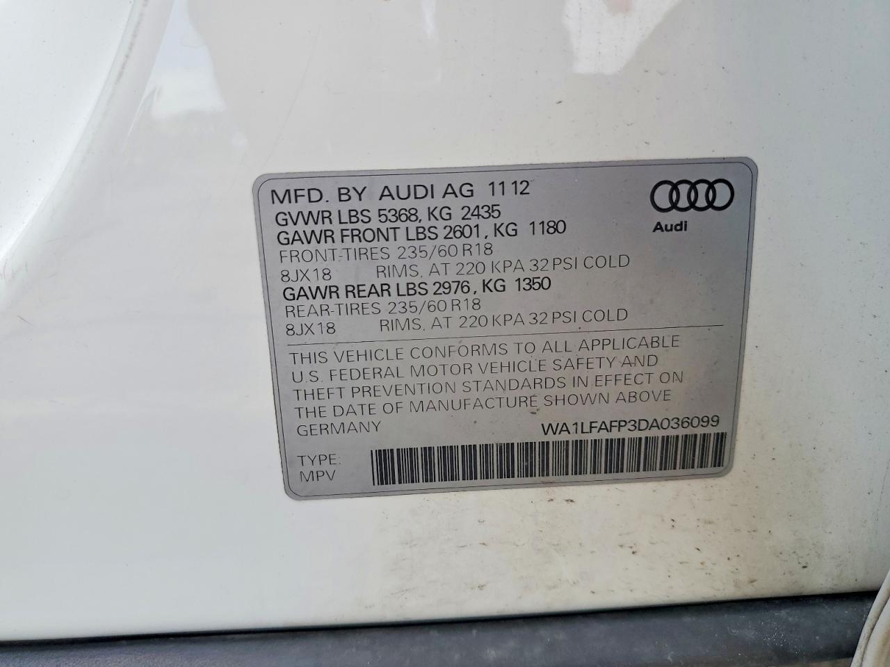 2013 Audi Q5 Premium Plus White vin: WA1LFAFP3DA036099