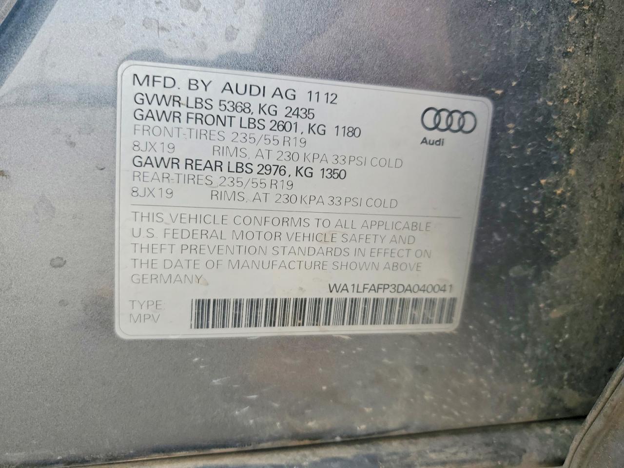 2013 Audi Q5 Premium Plus Угольный vin: WA1LFAFP3DA040041