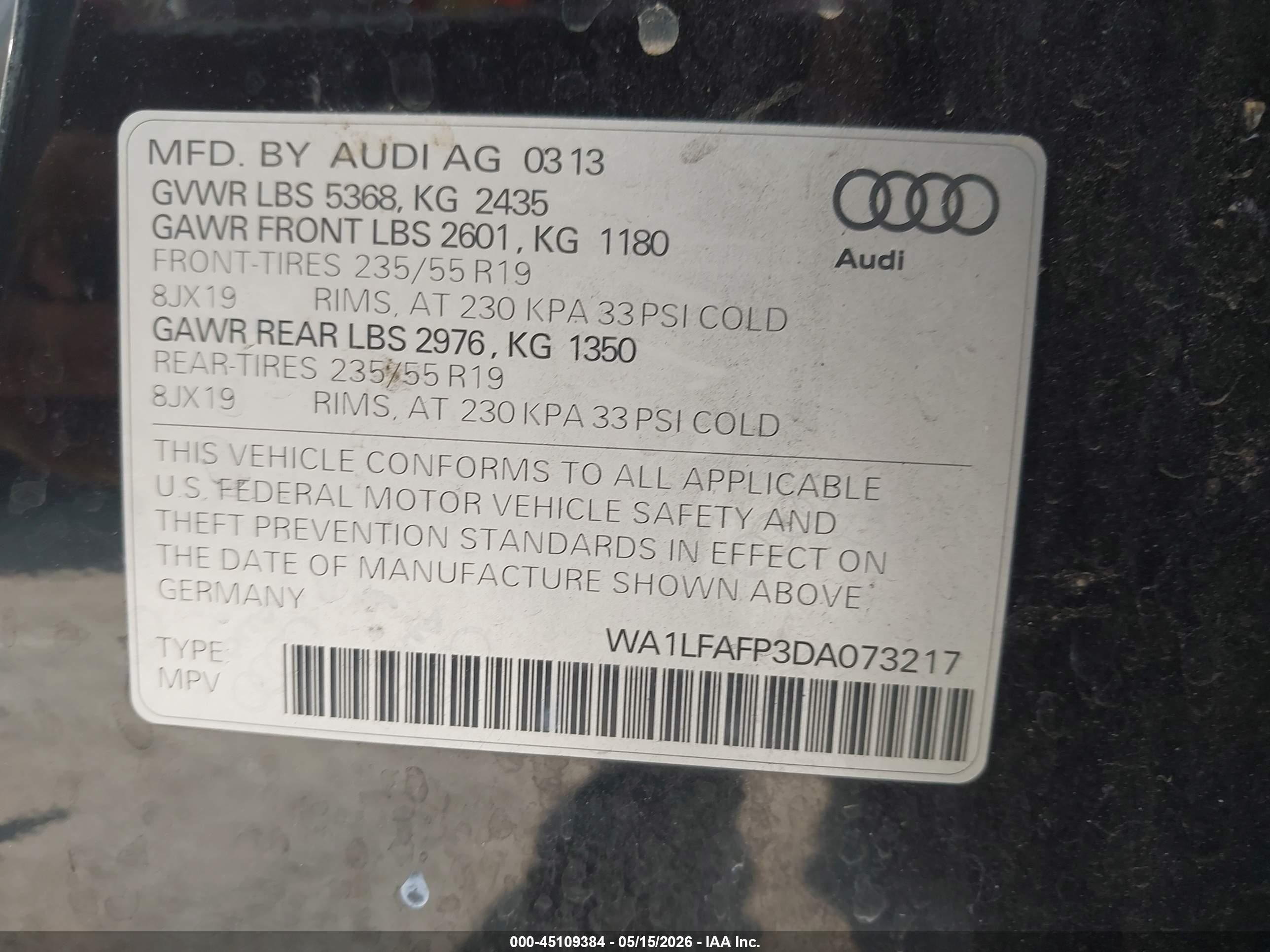 2013 Audi Q5 2.0t Premium Black vin: WA1LFAFP3DA073217