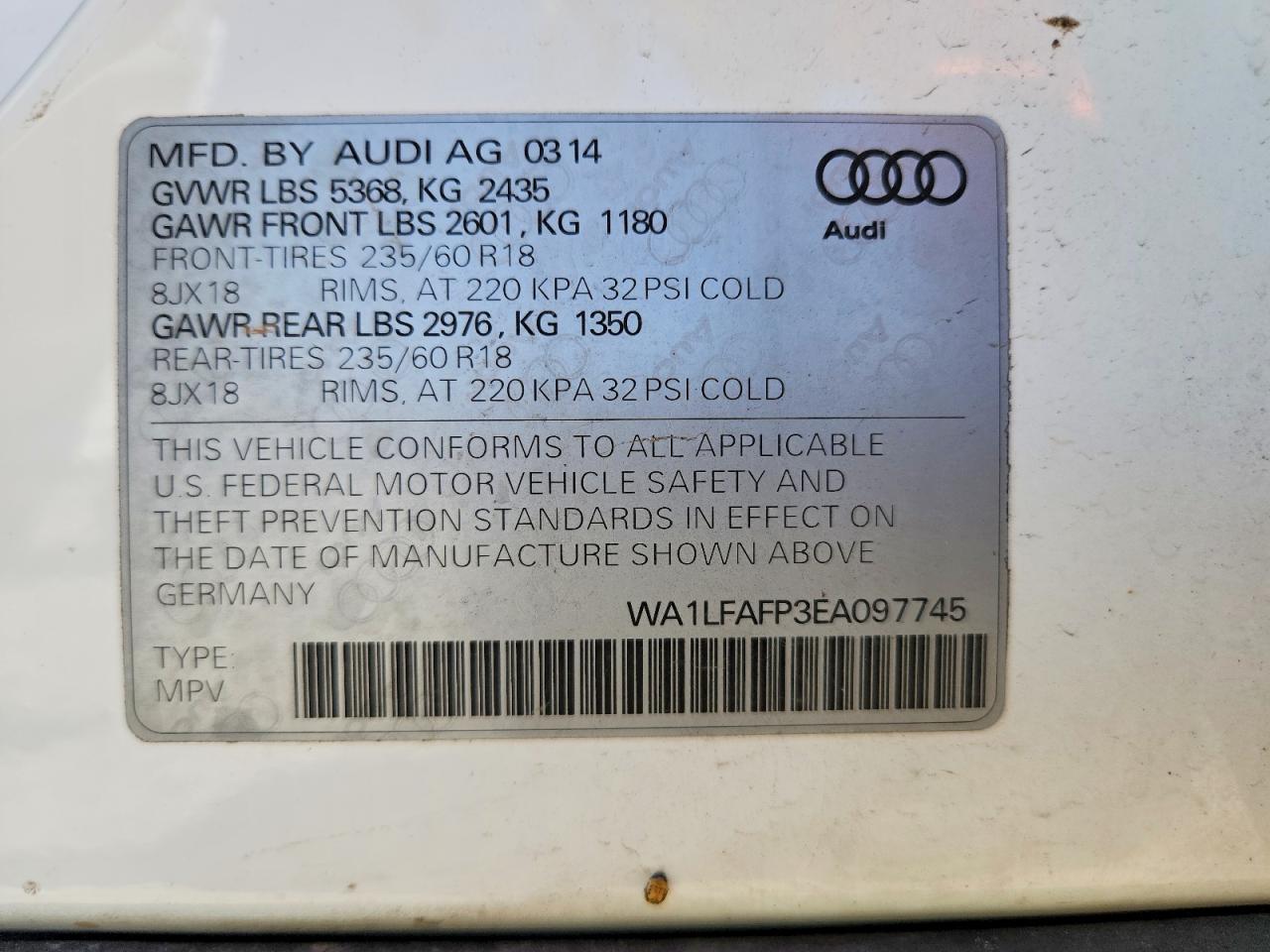 2014 Audi Q5 Premium Plus White vin: WA1LFAFP3EA097745