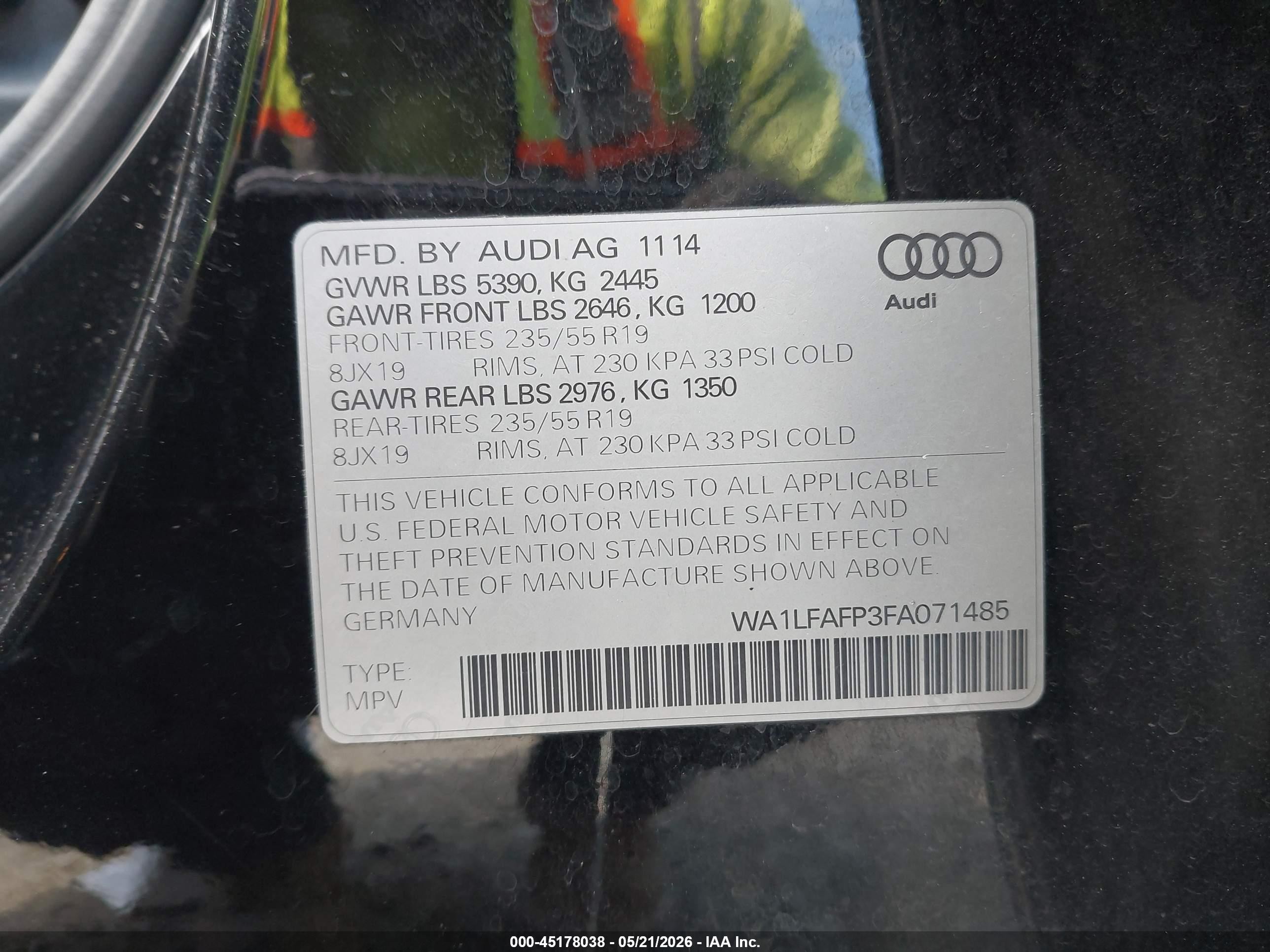 2015 Audi Q5 2.0t Premium Black vin: WA1LFAFP3FA071485