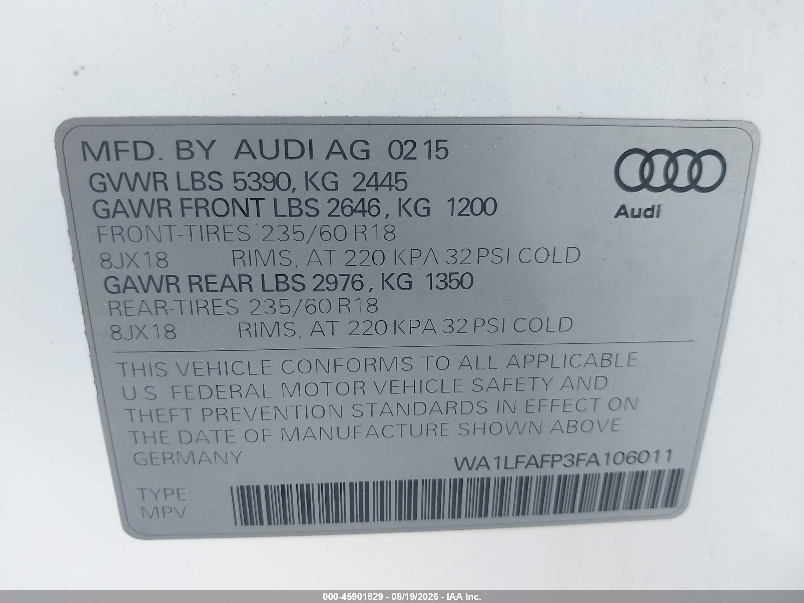 2015 Audi Q5 2.0t Premium White vin: WA1LFAFP3FA106011