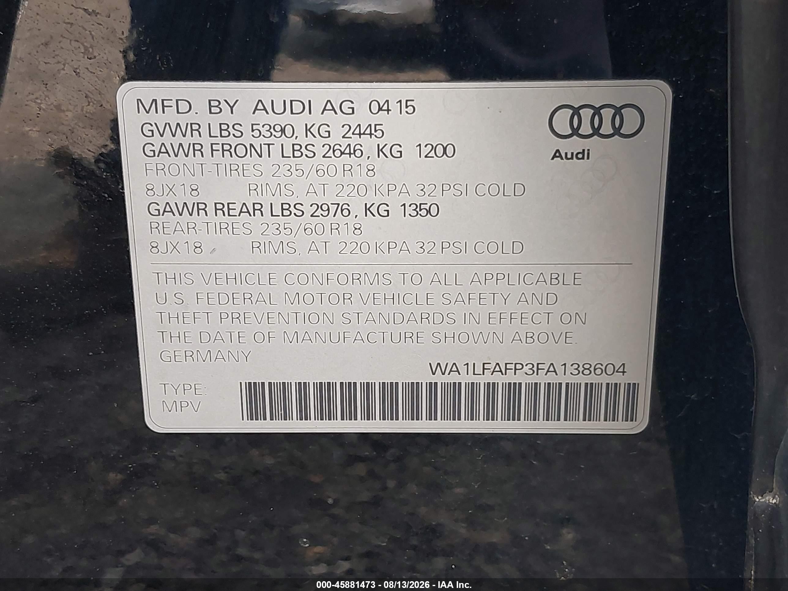 2015 Audi Q5 Premium Plus Black vin: WA1LFAFP3FA138604