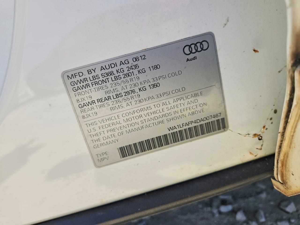 2013 Audi Q5 Premium Plus White vin: WA1LFAFP4DA007467
