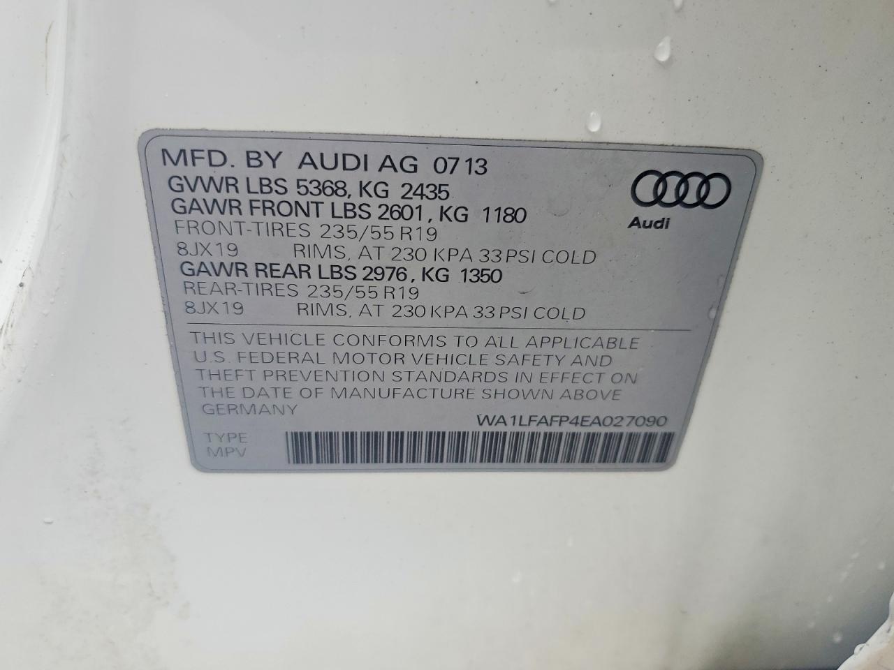 2014 Audi Q5 White vin: WA1LFAFP4EA027090