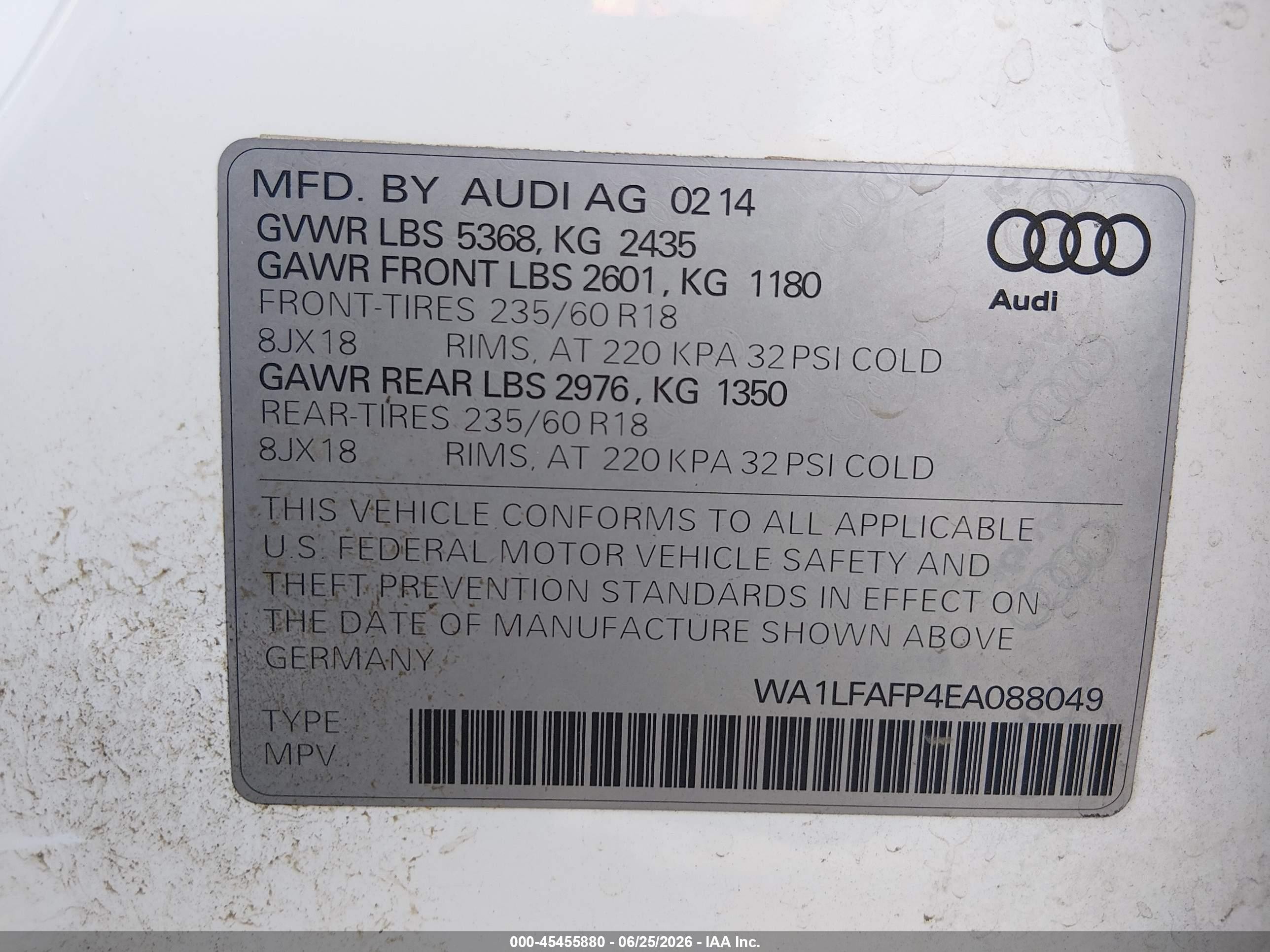 2014 Audi Q5 2.0t Premium White vin: WA1LFAFP4EA088049