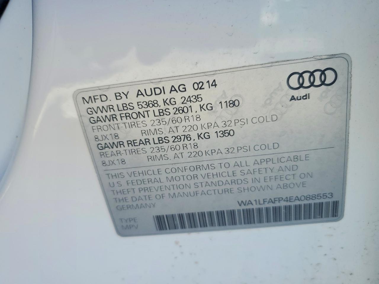 2014 Audi Q5 Premium Plus White vin: WA1LFAFP4EA088553