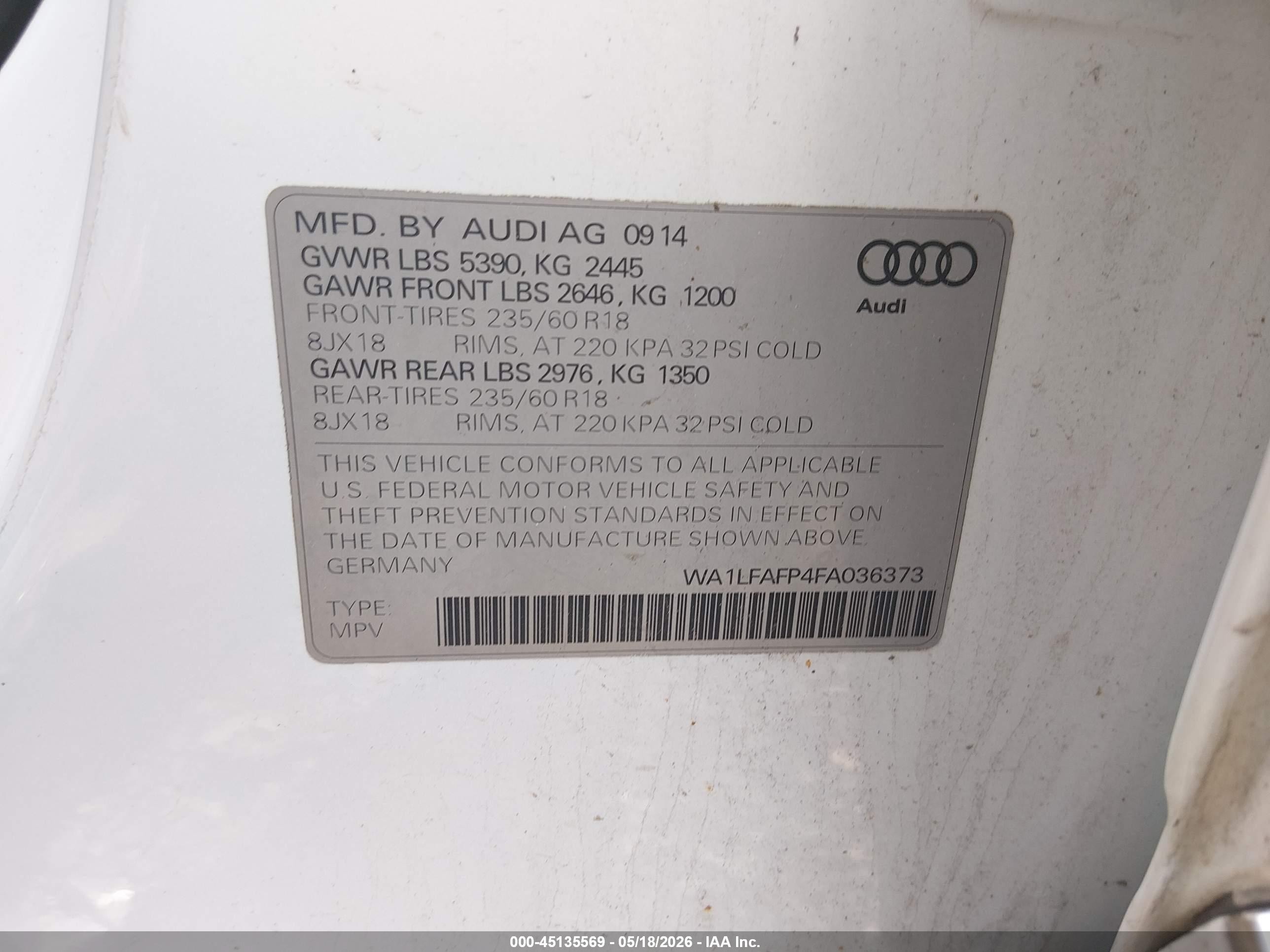 2015 Audi Q5 Premium Plus White vin: WA1LFAFP4FA036373