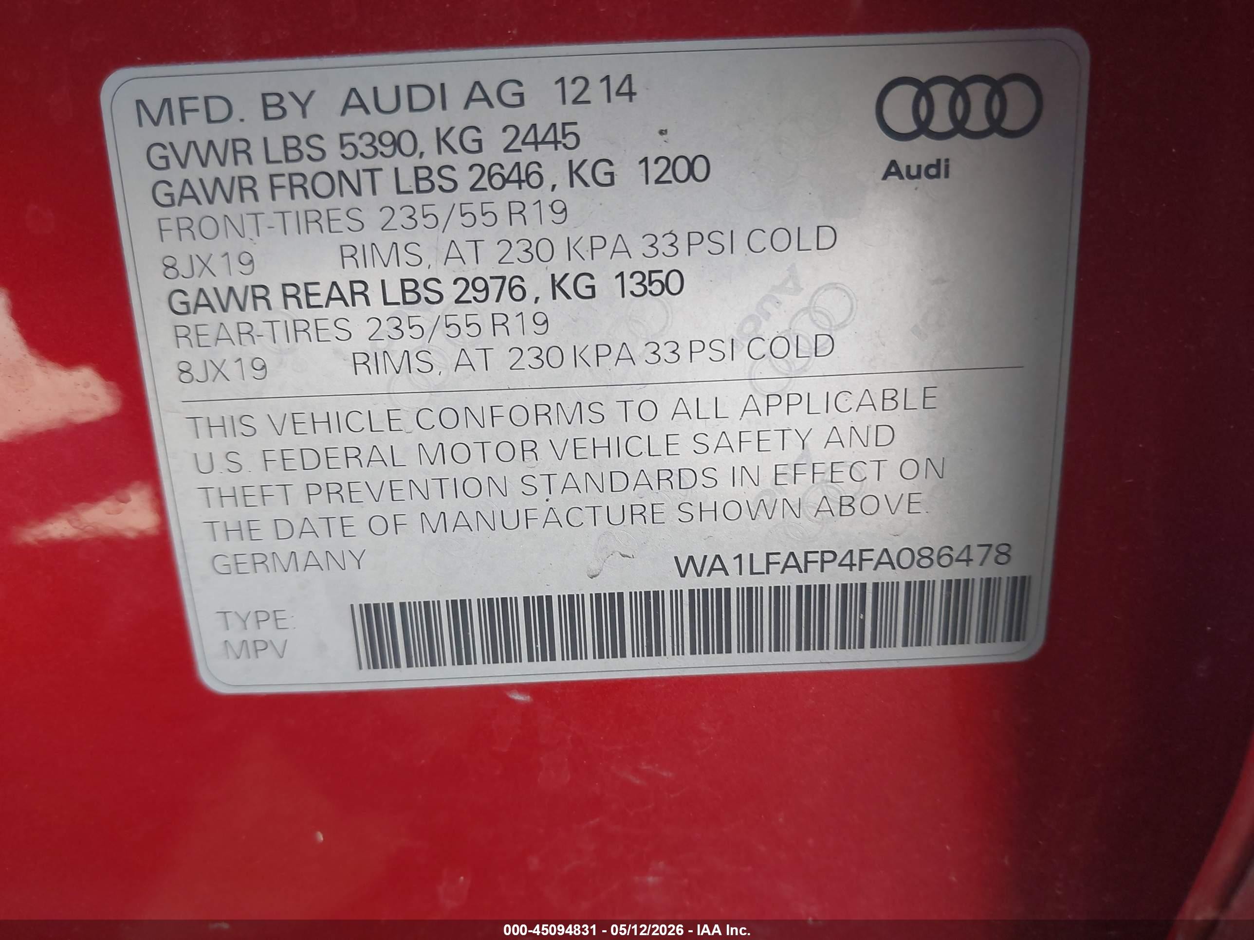 2015 Audi Q5 2.0t Premium Orange vin: WA1LFAFP4FA086478
