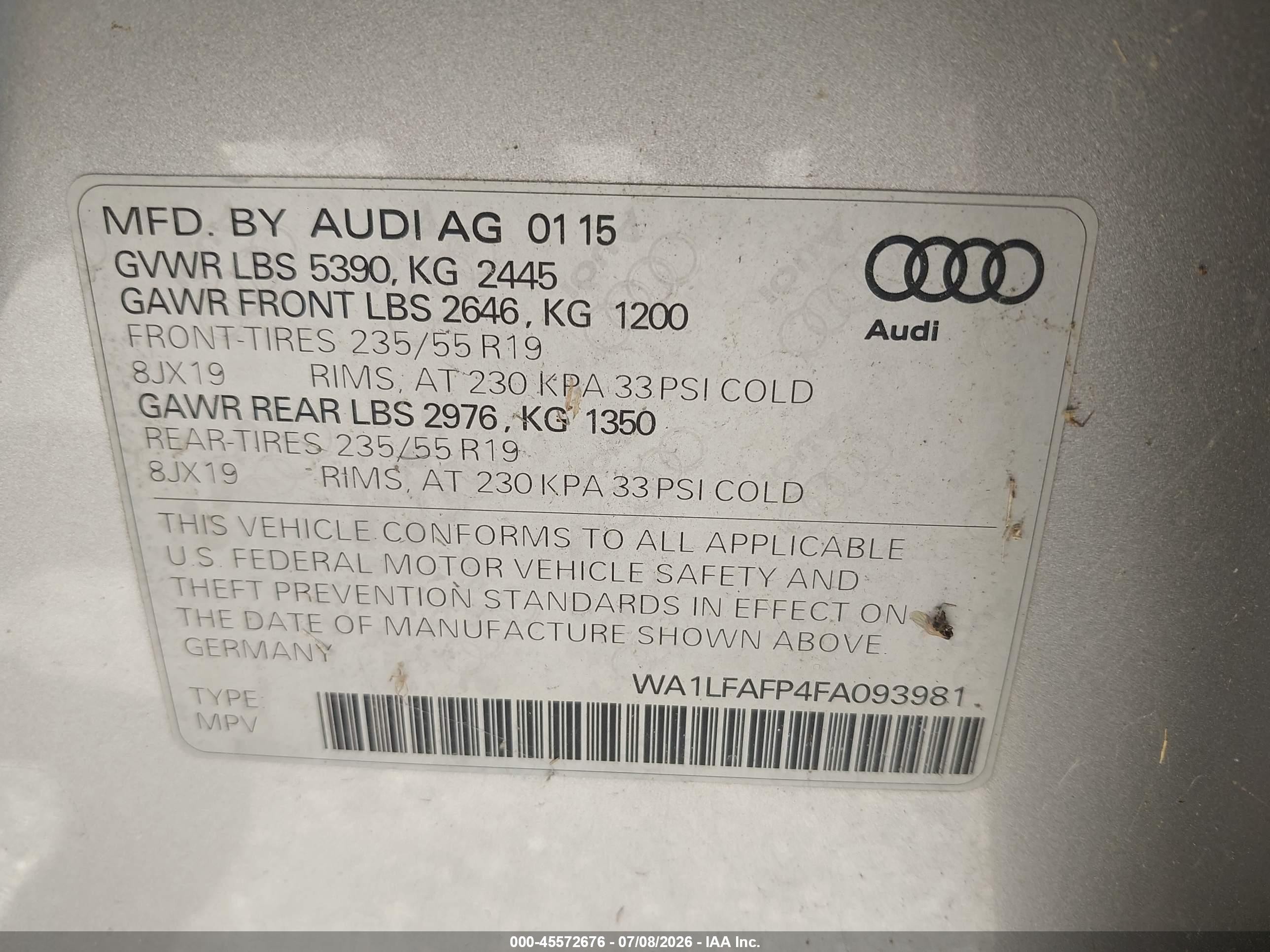 2015 Audi Q5 2.0t Premium Серебряный vin: WA1LFAFP4FA093981