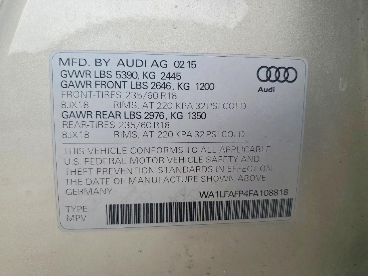 2015 Audi Q5 Premium Plus Серебряный vin: WA1LFAFP4FA108818