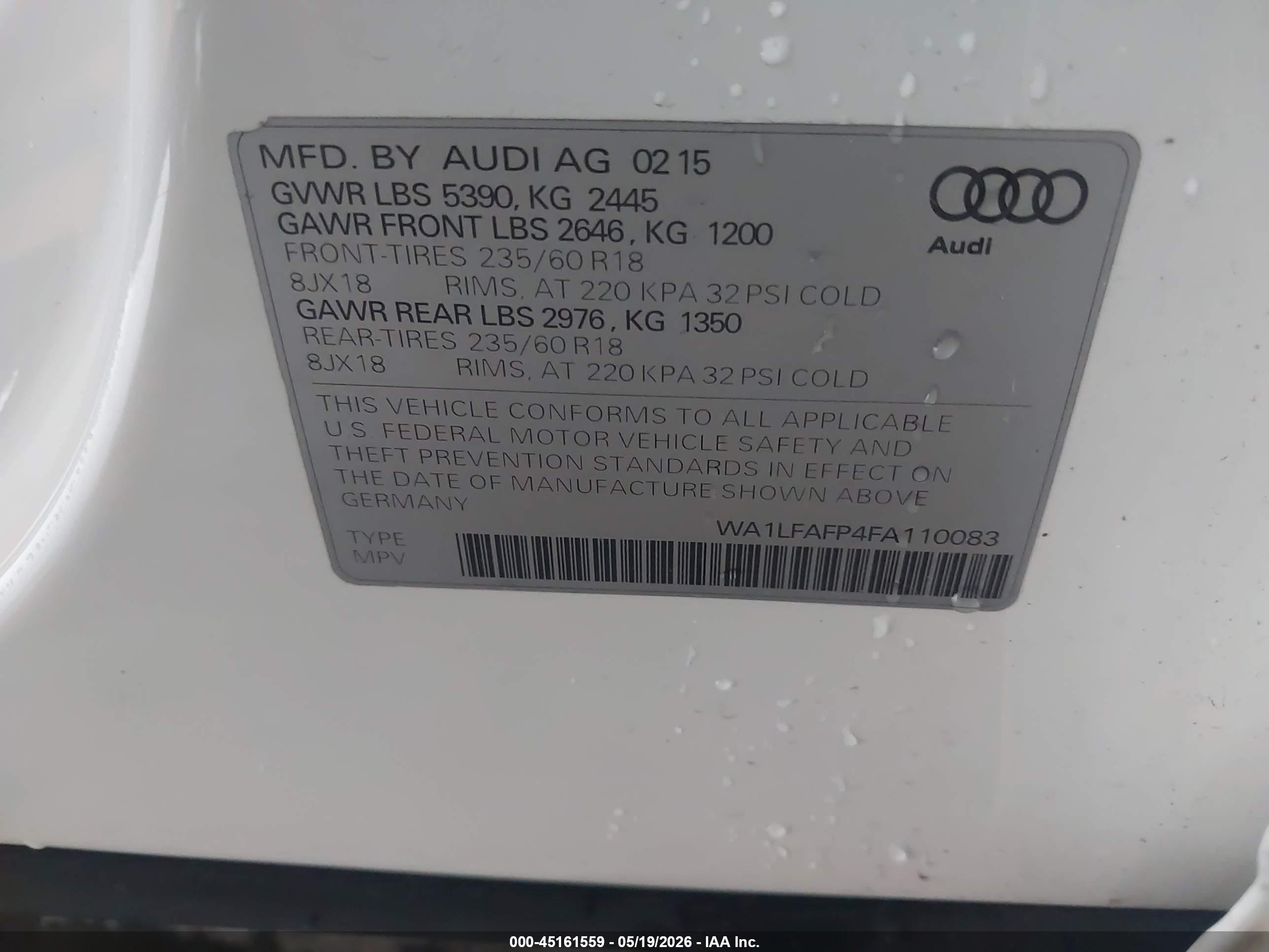 2015 Audi Q5 2.0t Premium White vin: WA1LFAFP4FA110083